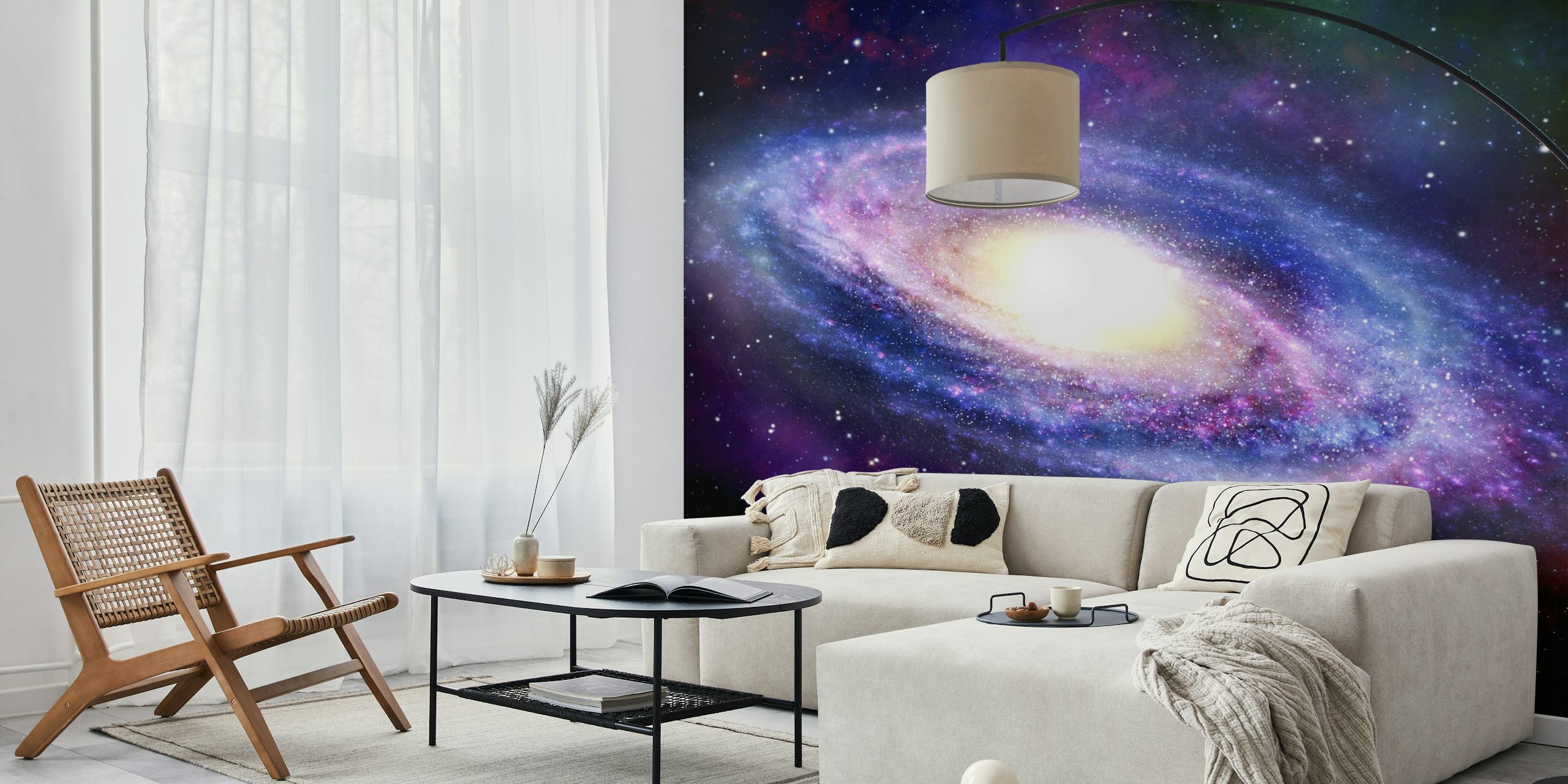 Galaxy with bright yellow core, deep blues and purples, cosmic wallpaper
