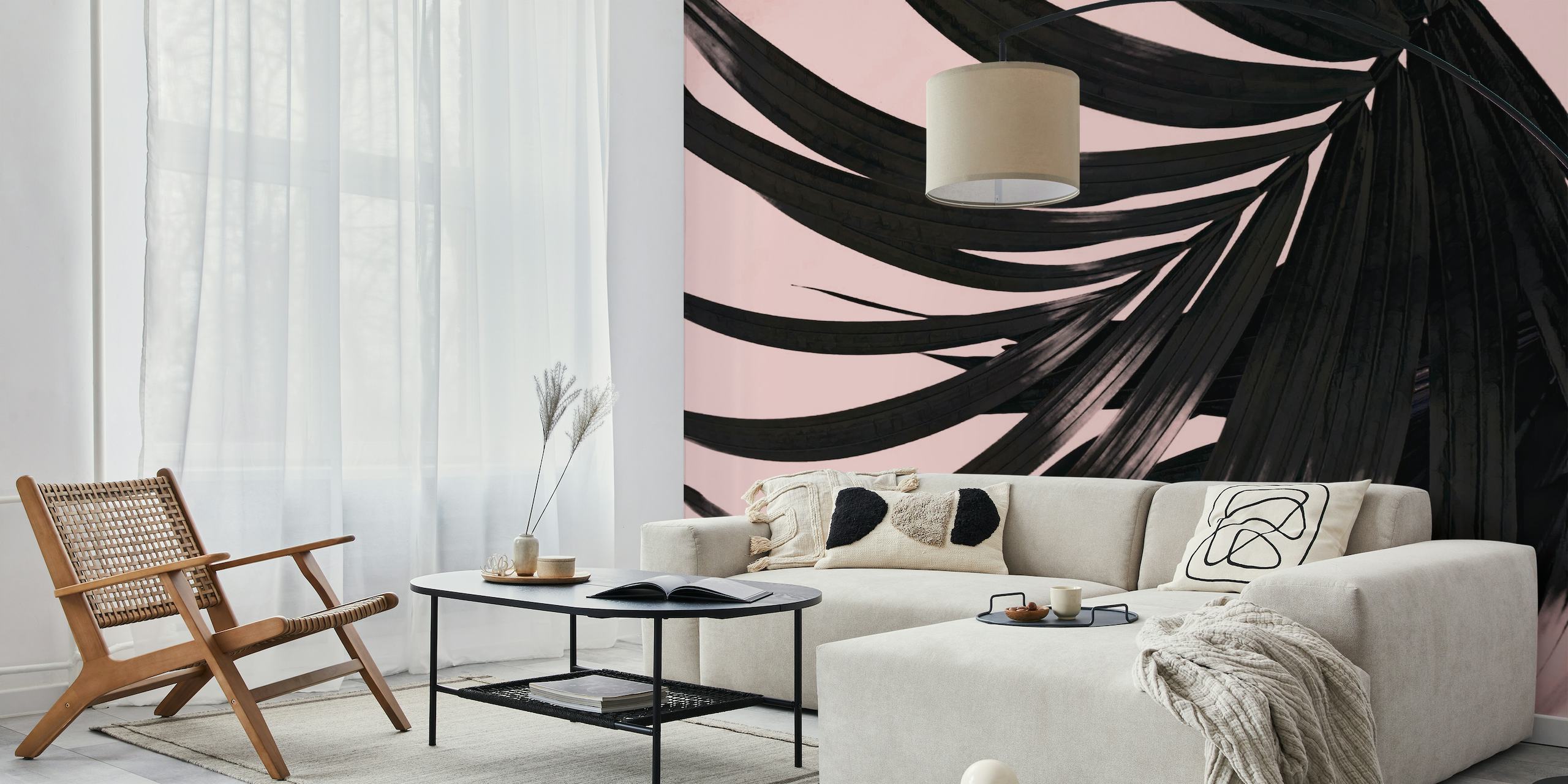 Trendy Black Palm Leaf on Pink wallpaper