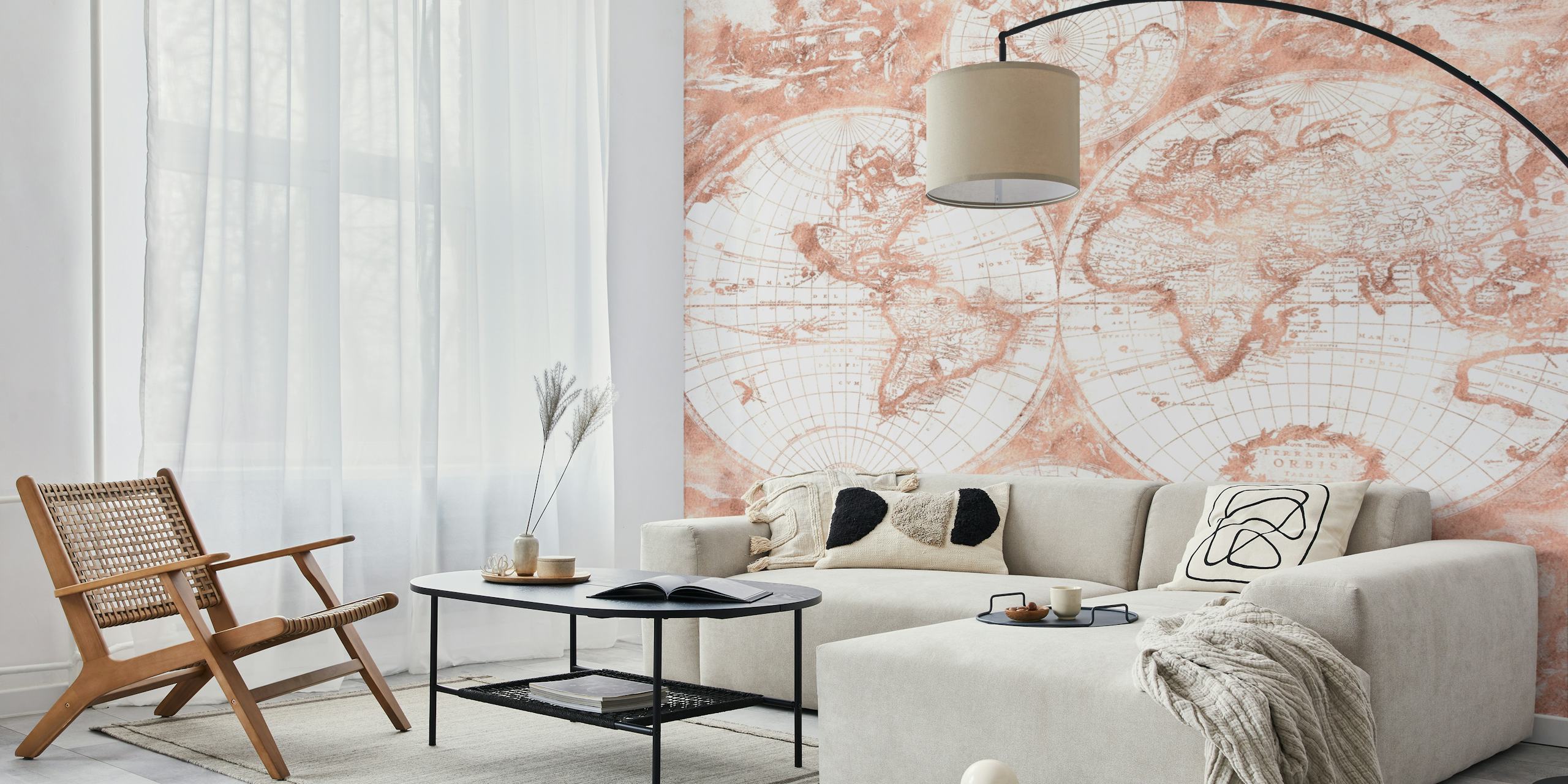 Vintage world map design with soft peach and beige tones wallpaper