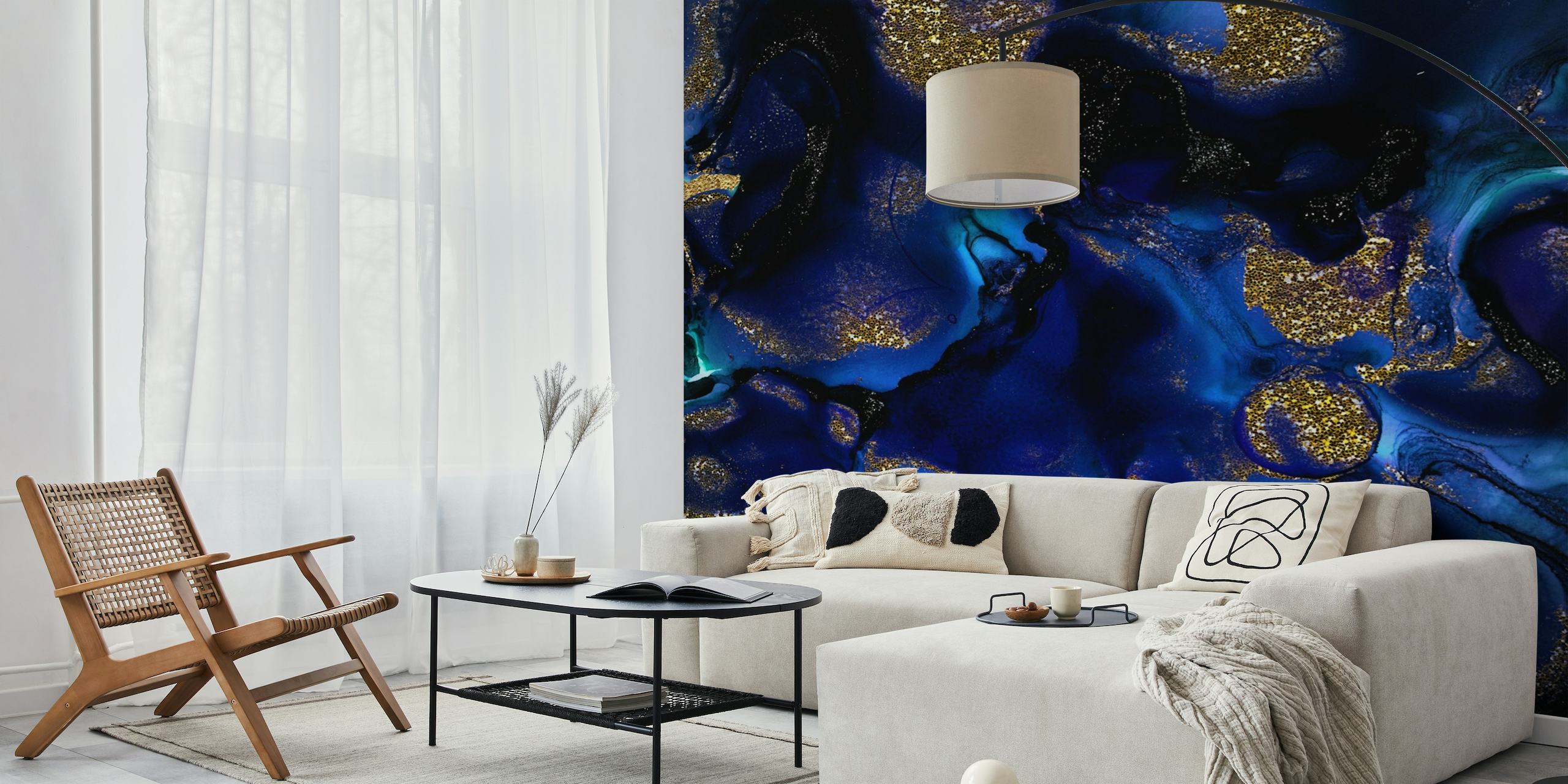 Indigo Blue Marble and Gold Glitter wallpaper