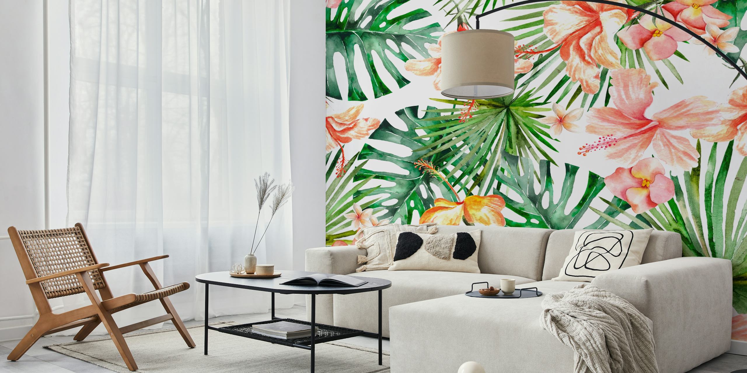 Tropical hibiscus flowers and green leaves wallpaper