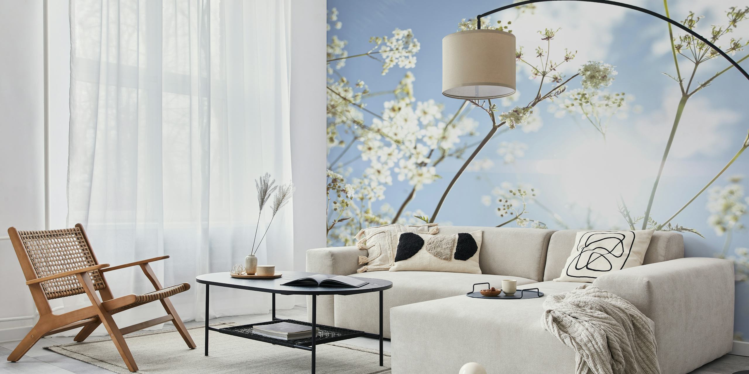 Cow parsley flowers against a blue sky wall mural