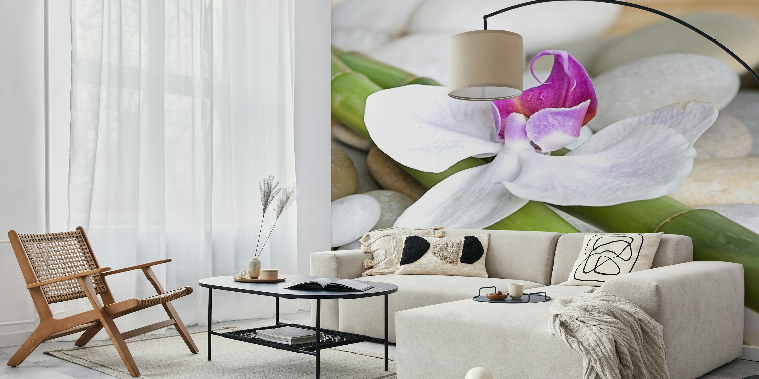 White orchid on bamboo wallpaper design