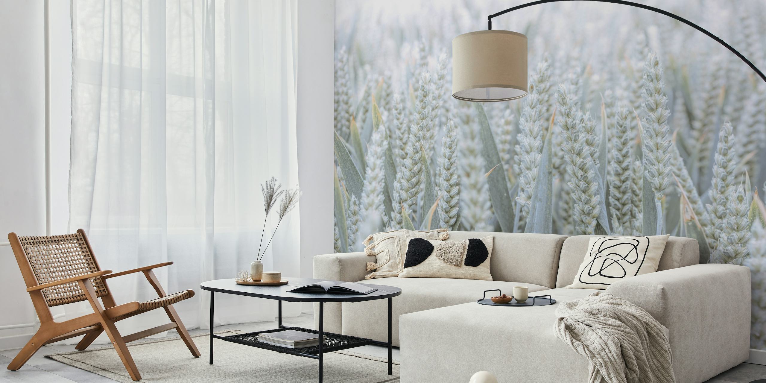 Wheat Field wall mural showing a close-up view of wheat stalks in soft beige and white tones creating a serene atmosphere.