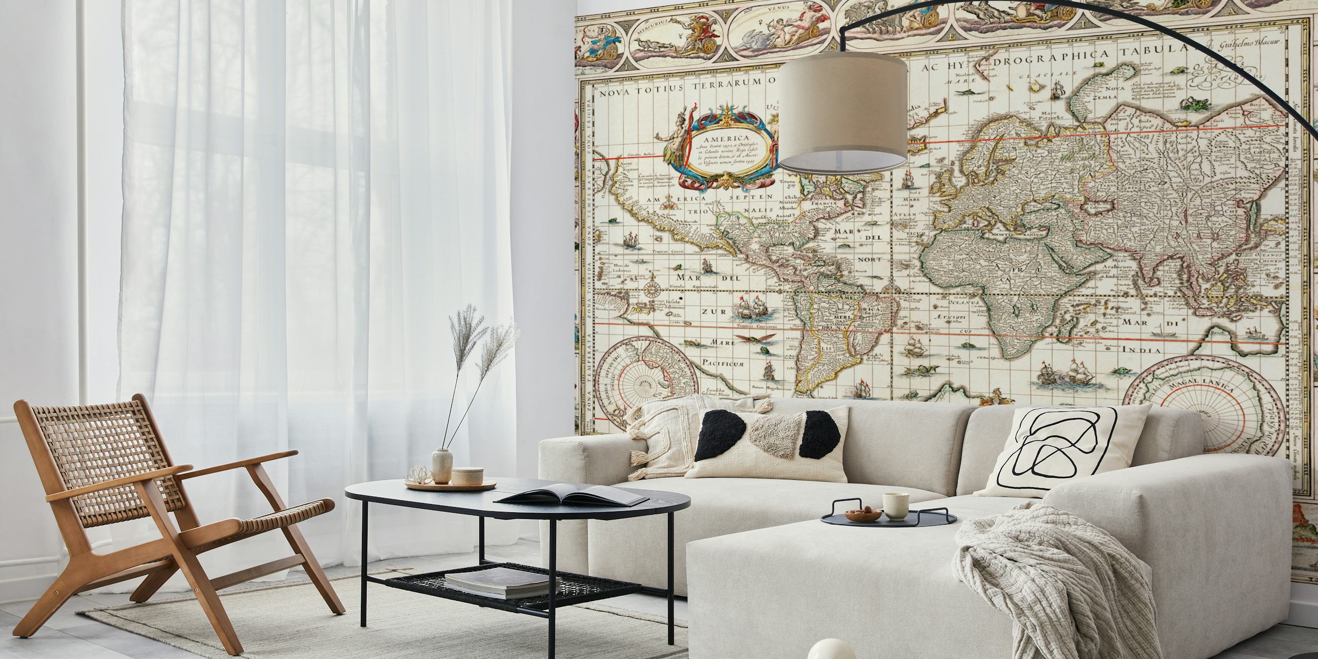 Vintage world map wallpaper in a room