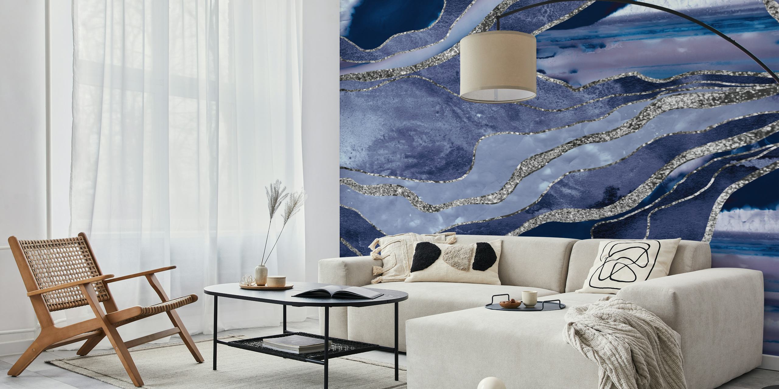 Ταπετσαρία Blue Marble Agate Silver 1 εμφανισμένη σε ένα δωμάτιο
