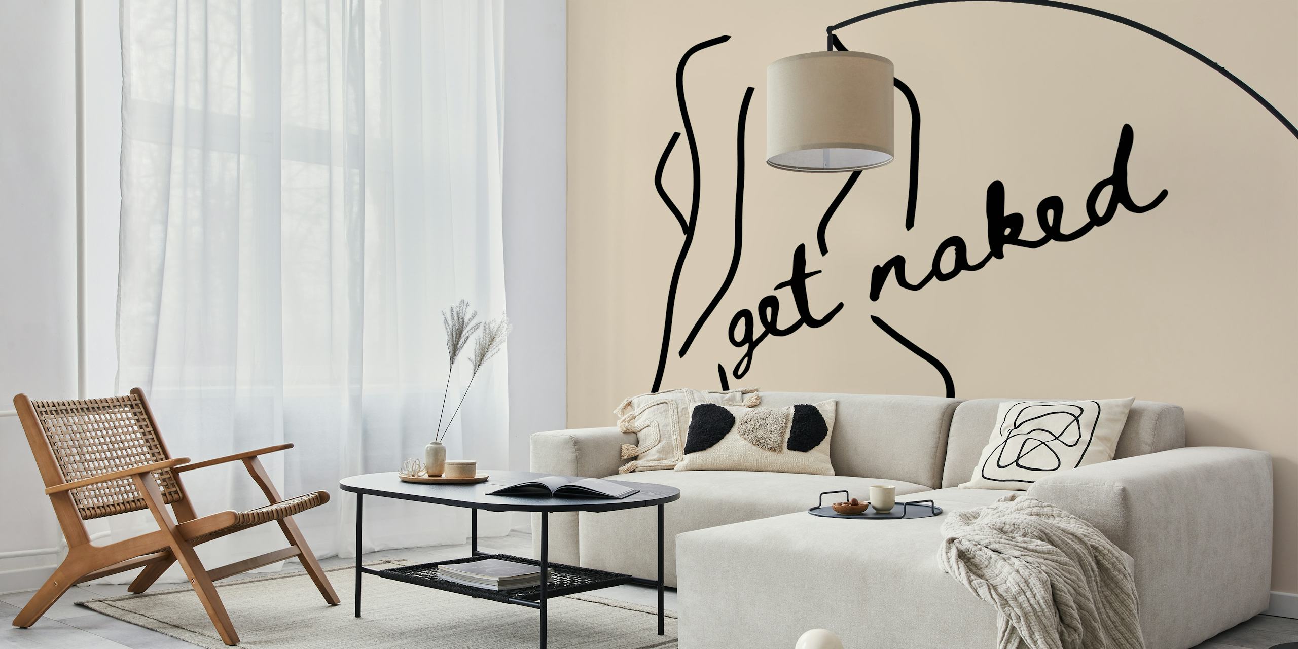 Line art design of a woman's body with 'get naked' text in black on beige wallpaper