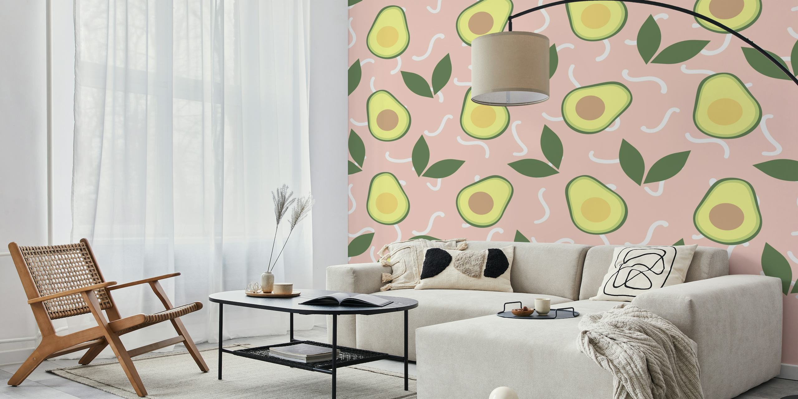 Avocado Fiesta fotobehang met avocado- en bladpatroon op een roze achtergrond.