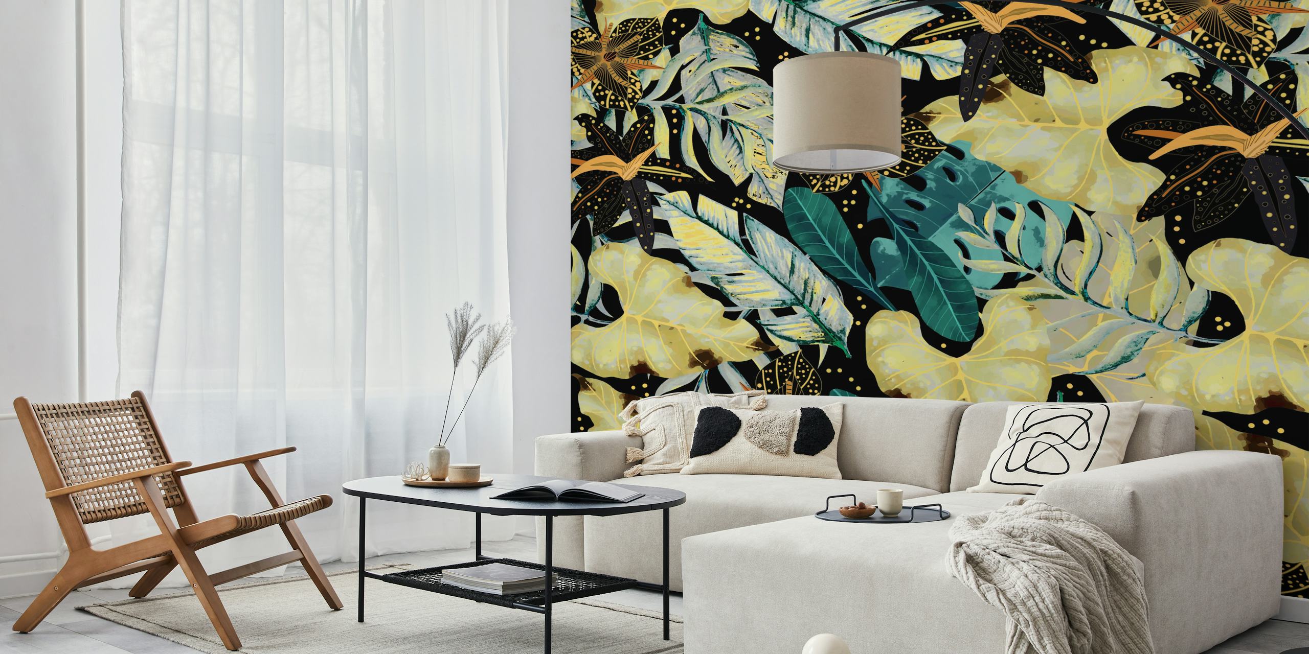 Tropical floral design with black background, colorful leaves and flowers wallpaper