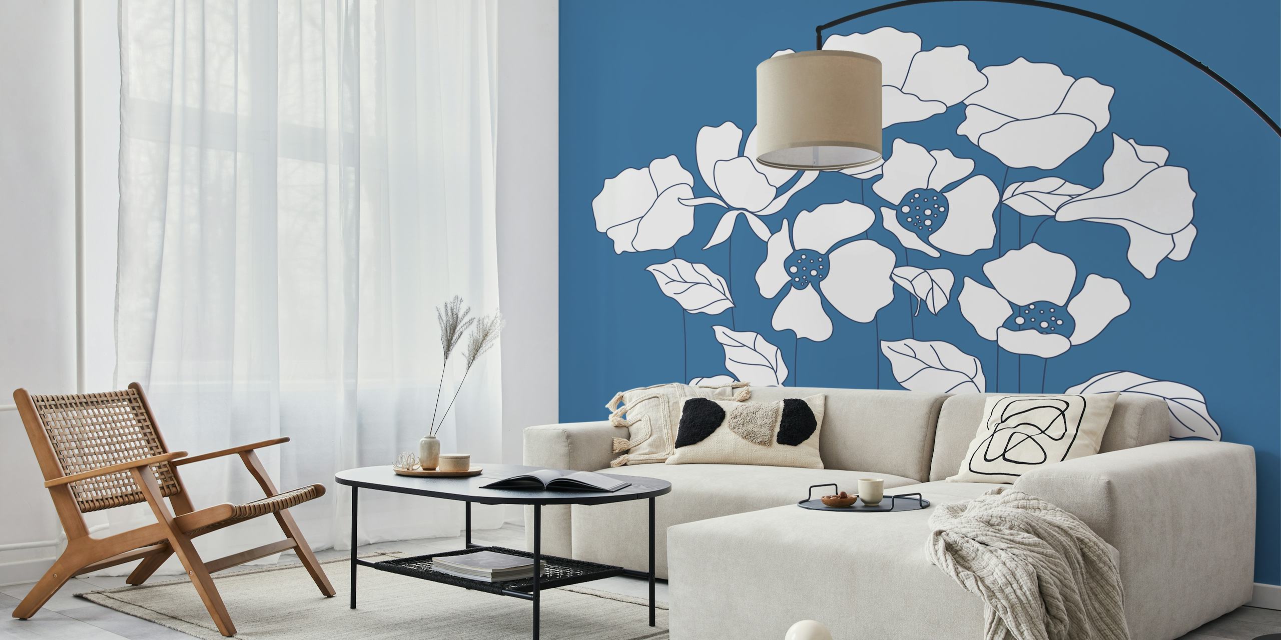Ταπετσαρία Denim Blue με λευκό σχέδιο Poppies