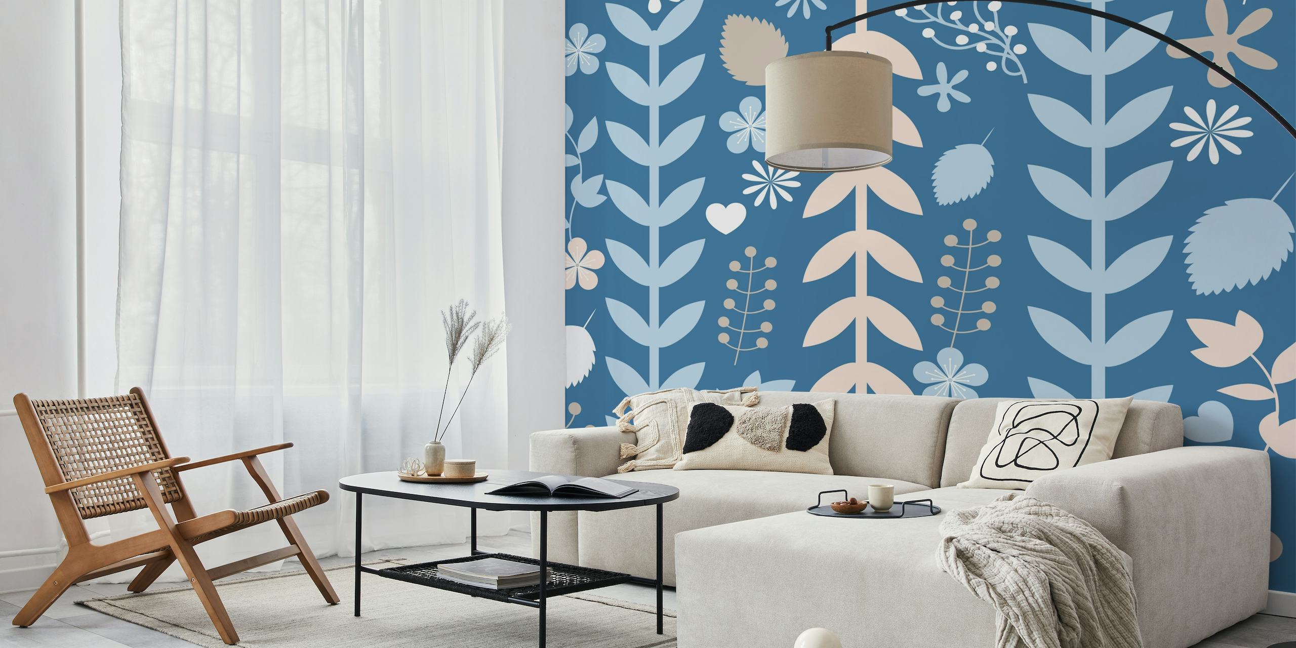 Denim Blue Pink Leaves wall mural featuring botanical leaf patterns in pink and denim blue on a muted blue background.