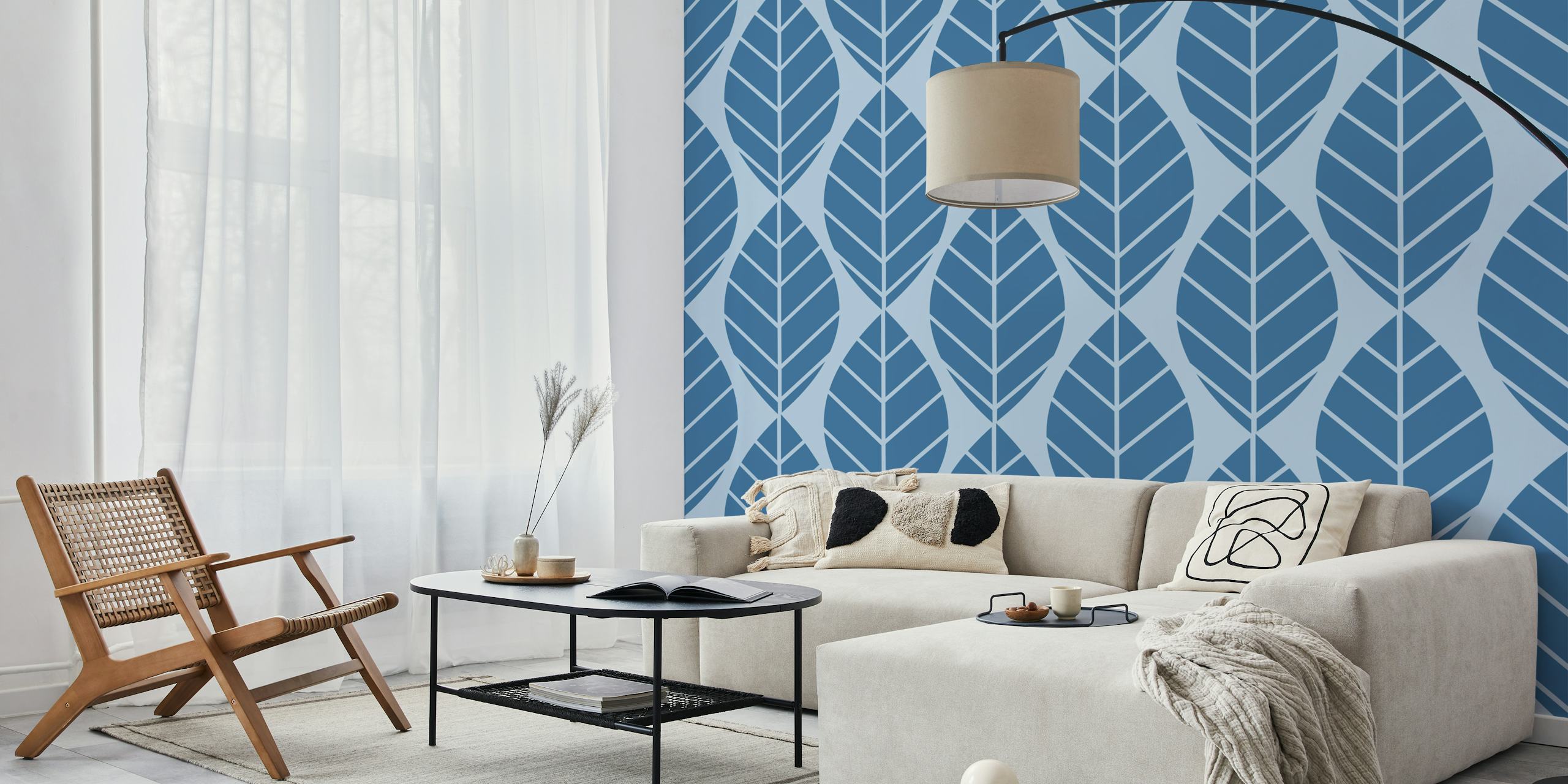 Stylized blue leaves pattern on soft blue background wallpaper