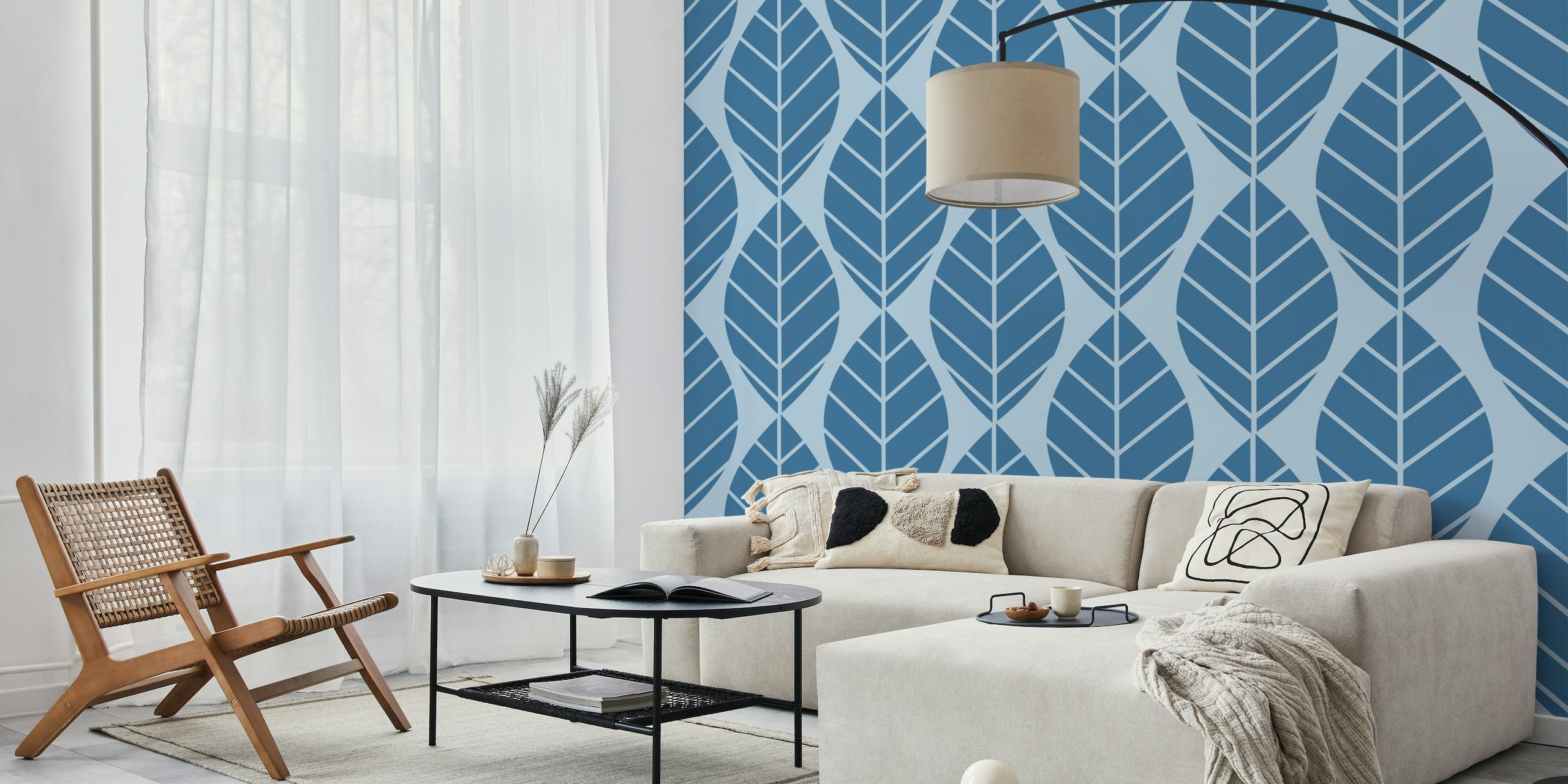 Stylized baby blue leaves pattern wall mural
