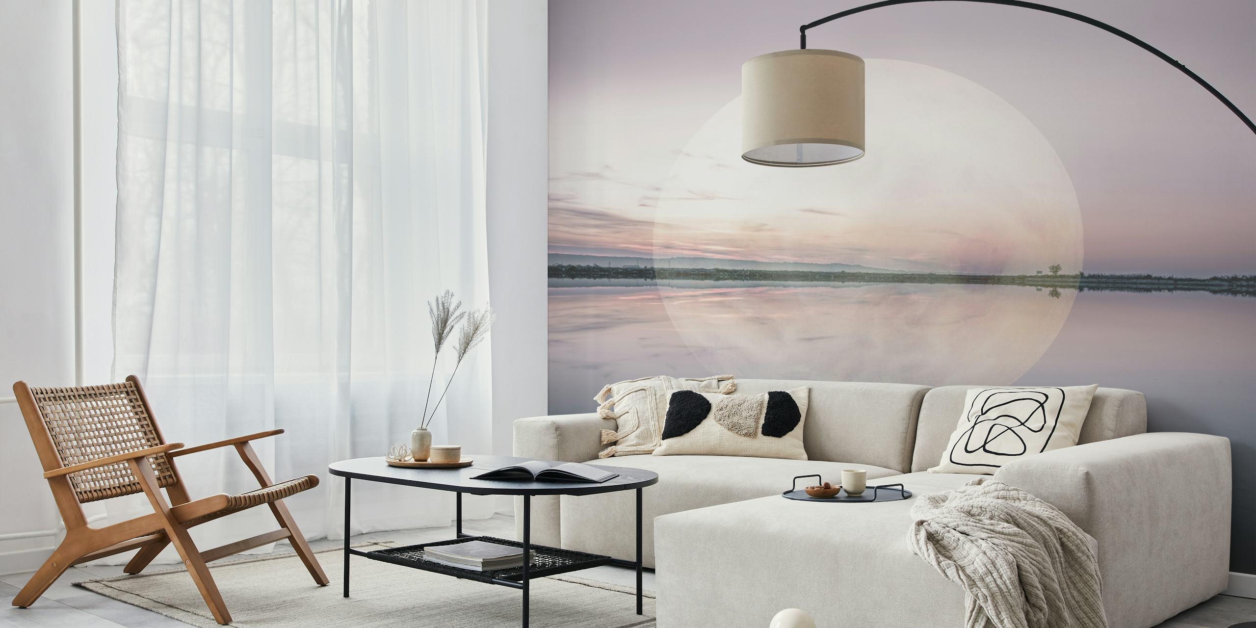 Surreal wallpaper featuring a large moon reflection over calm water in pastel colors