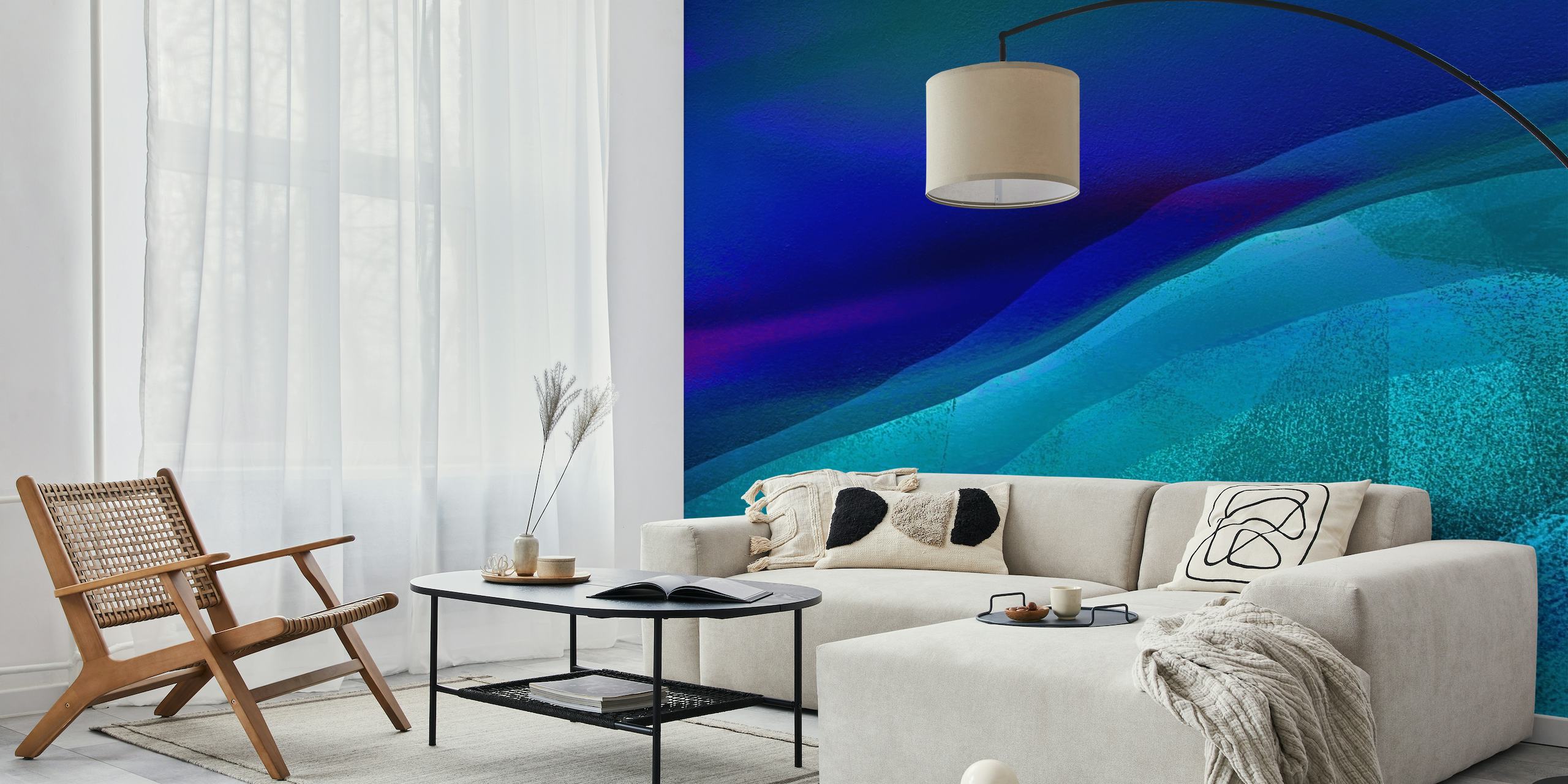Abstract moonlit ocean waves wall mural in shades of blue and green.