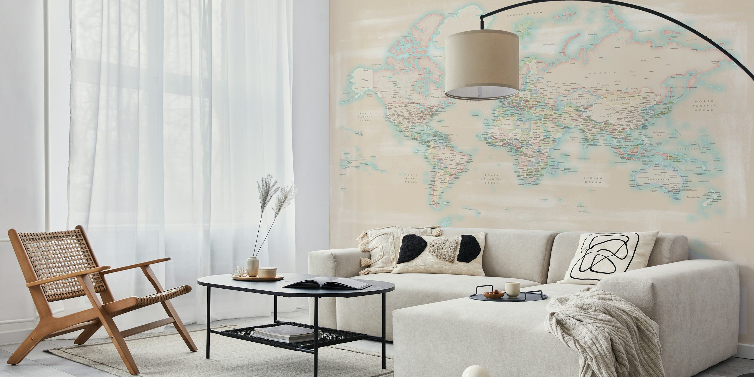 Wereldkaart muurschildering in vintage-stijl met de nadruk op Antarctica in zachte pastelkleuren