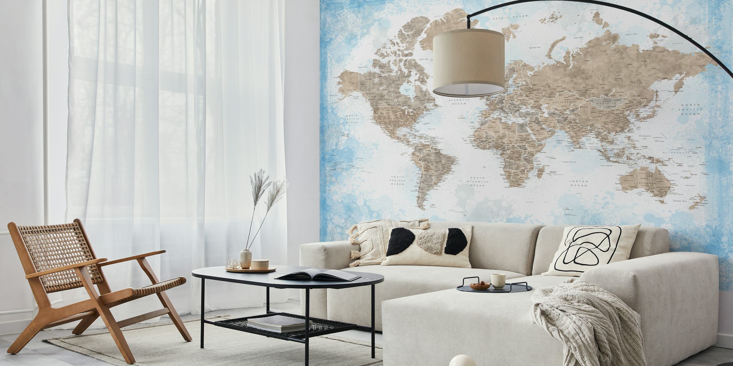 World map wallpaper with blue accents and beige continents
