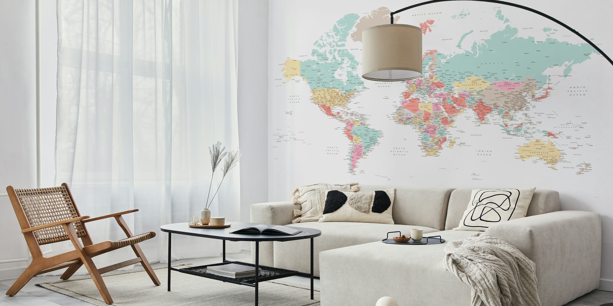 Pastel world map in soft colors and outlines wallpaper