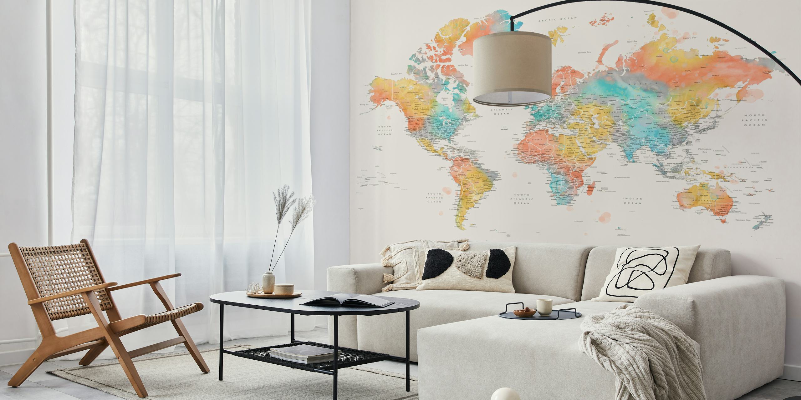 Colorful world map with orange, blue, and yellow hues on beige wallpaper