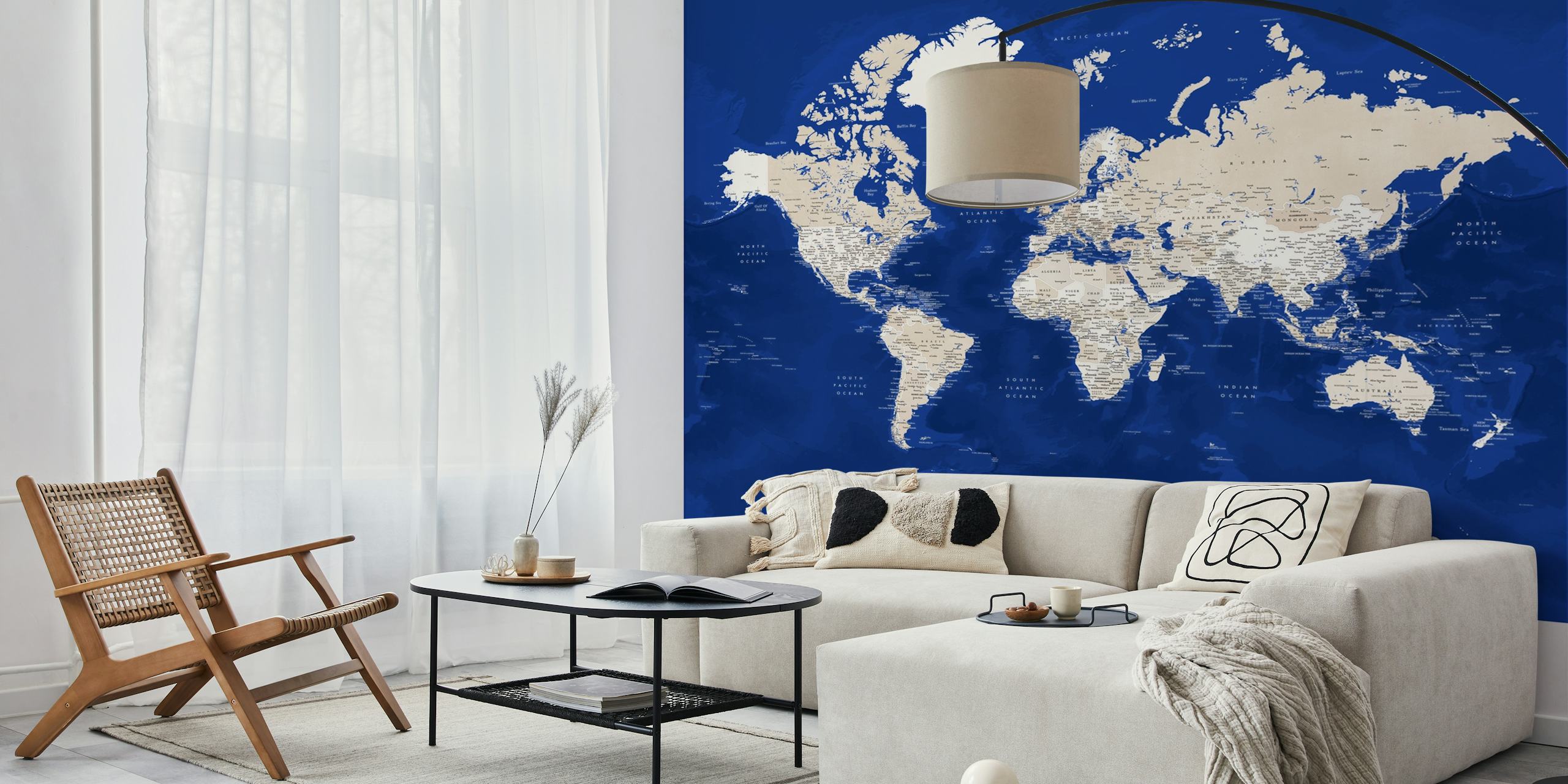 World map in navy blue and beige with geographical details wallpaper