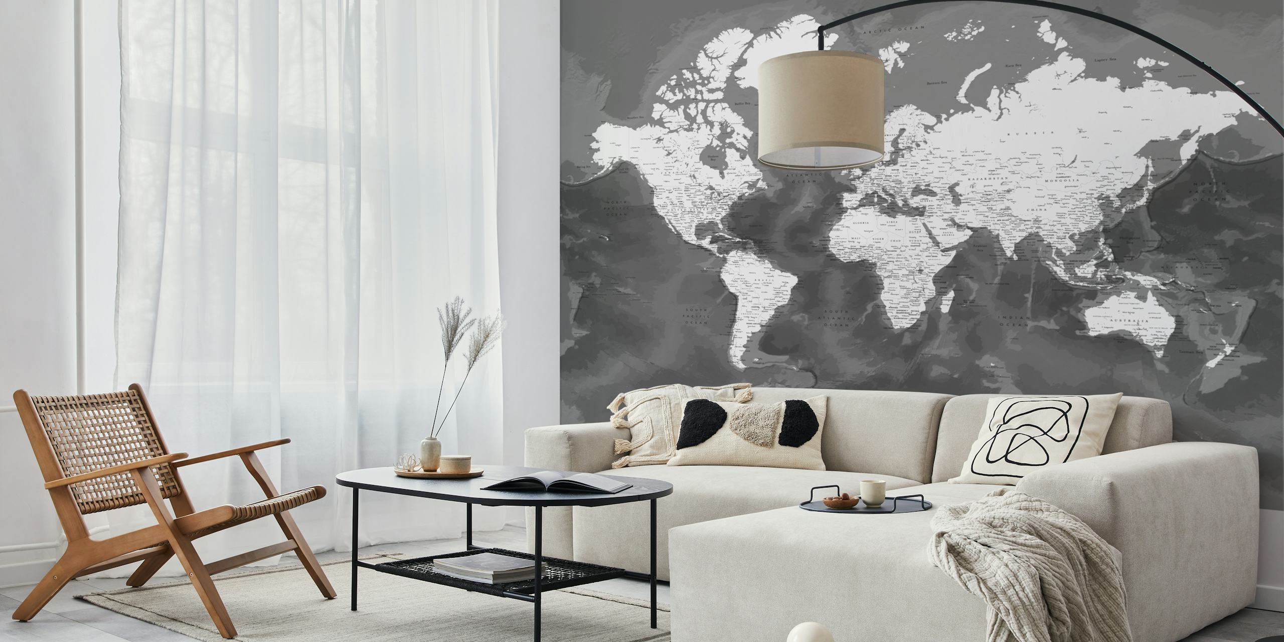 Black and white world map wallpaper with detailed geographic features and labels.