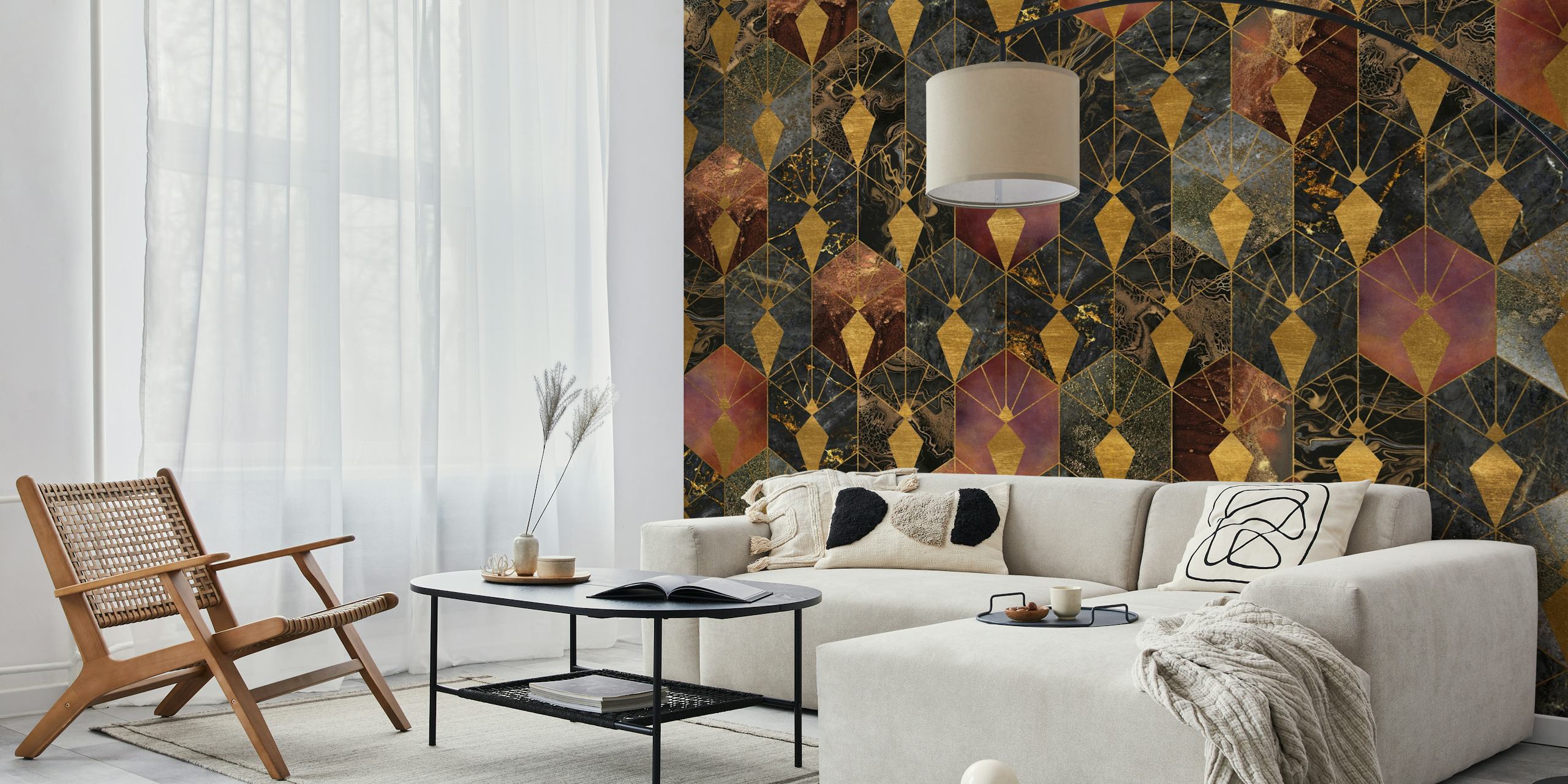 Colorful Hexagons Art Deco Wall Mural with a range of red and gold hues on happywall.com