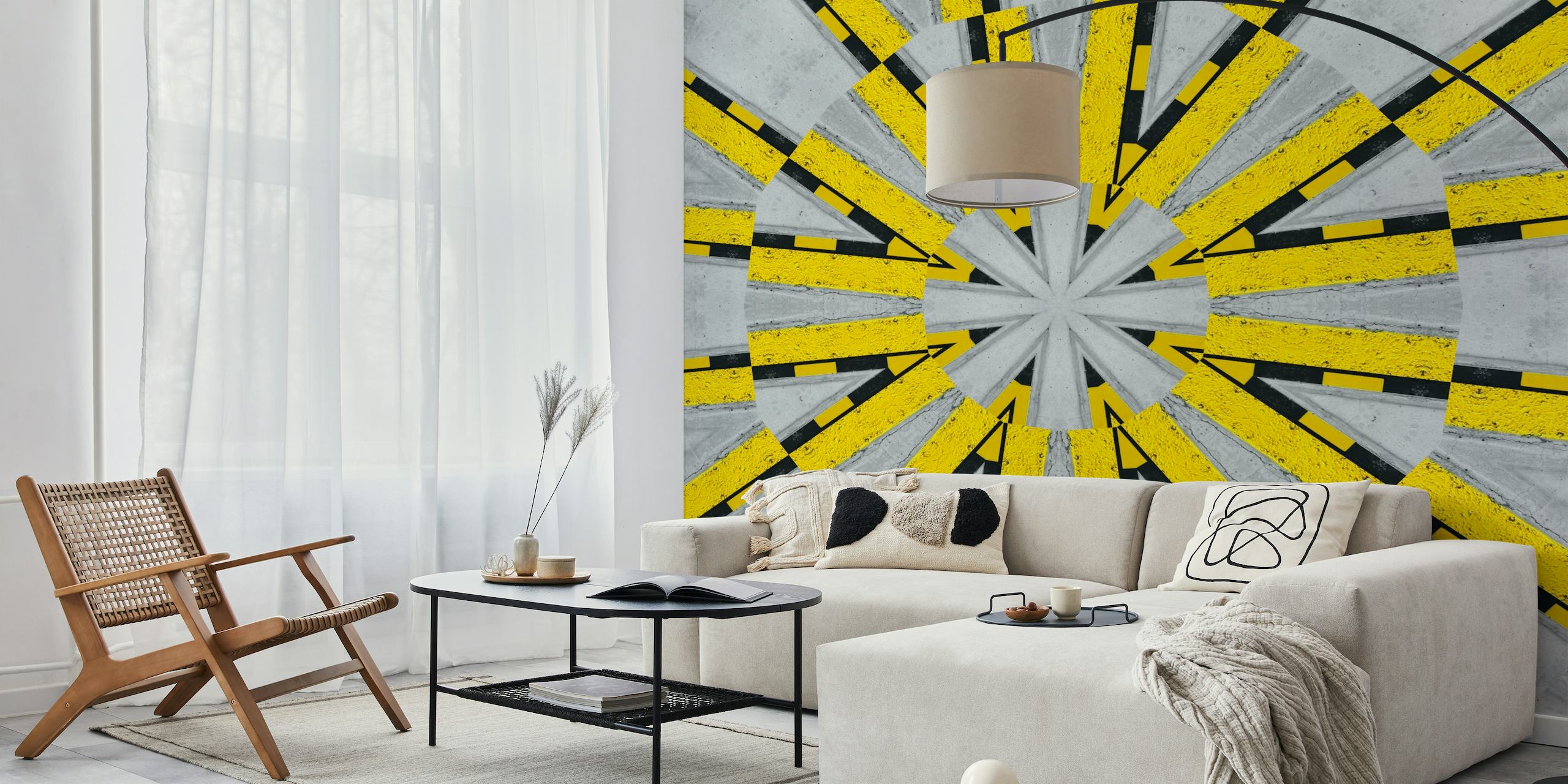 Abstract grey concrete wall mural with yellow tribal patterns and symmetrical design