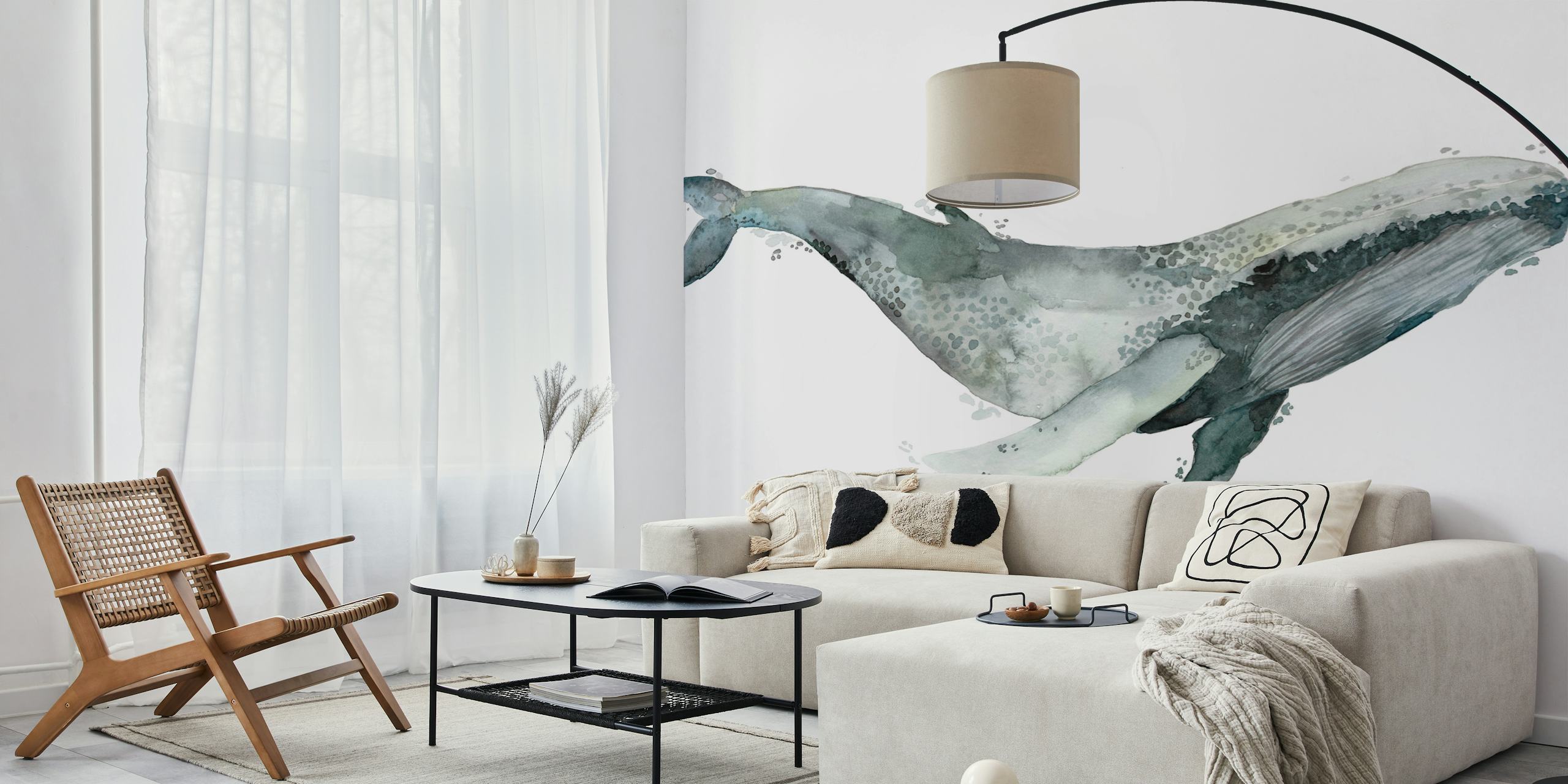 Watercolor humpback whale illustration in shades of blue and gray wallpaper