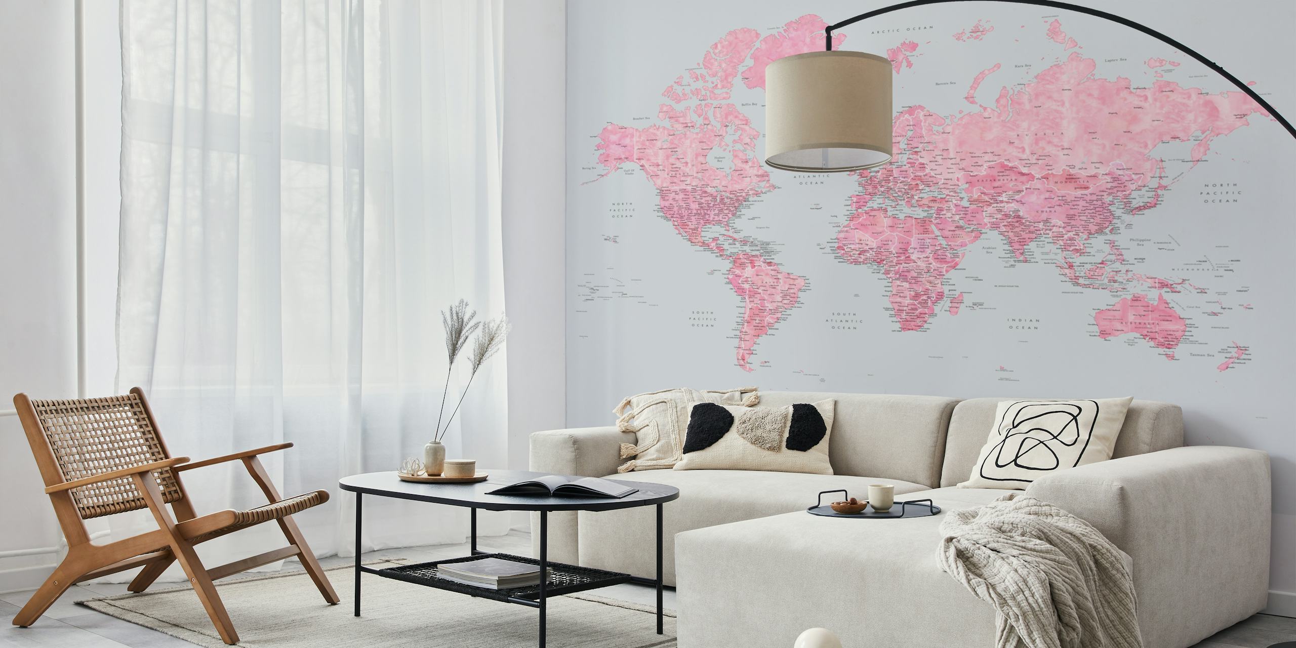 Pink world map with labeled countries and regions wallpaper