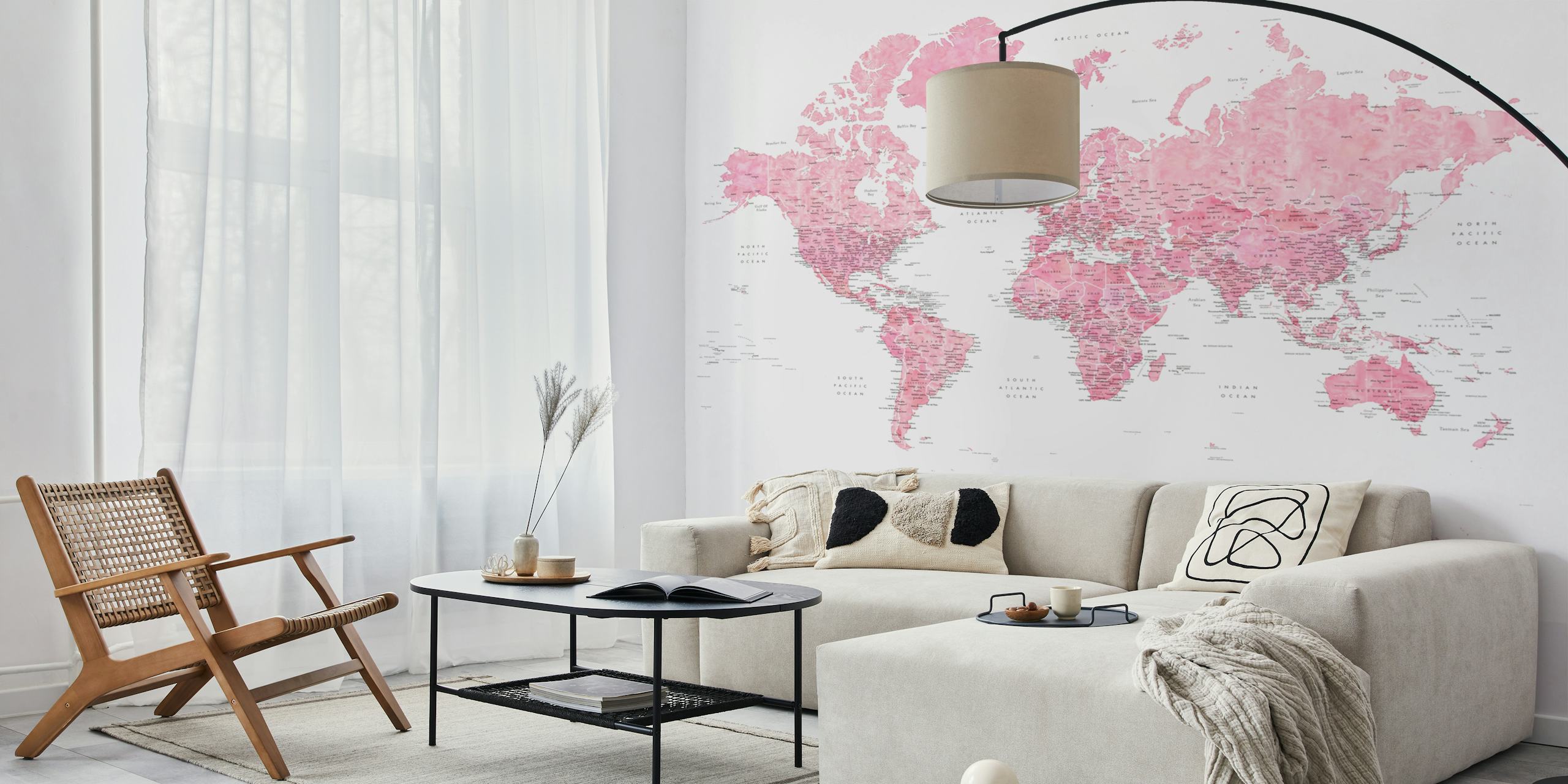 Elegant pink world map wall mural with highlighted Antarctica