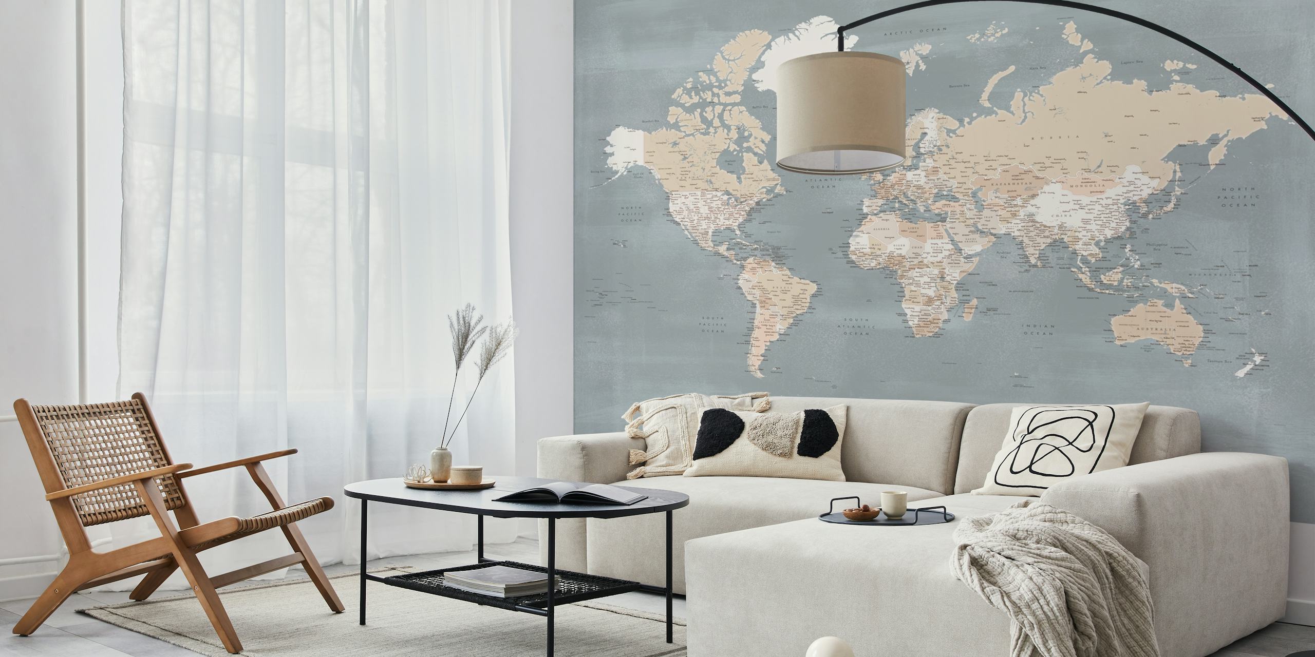 World map in muted beige and grey tones wallpaper