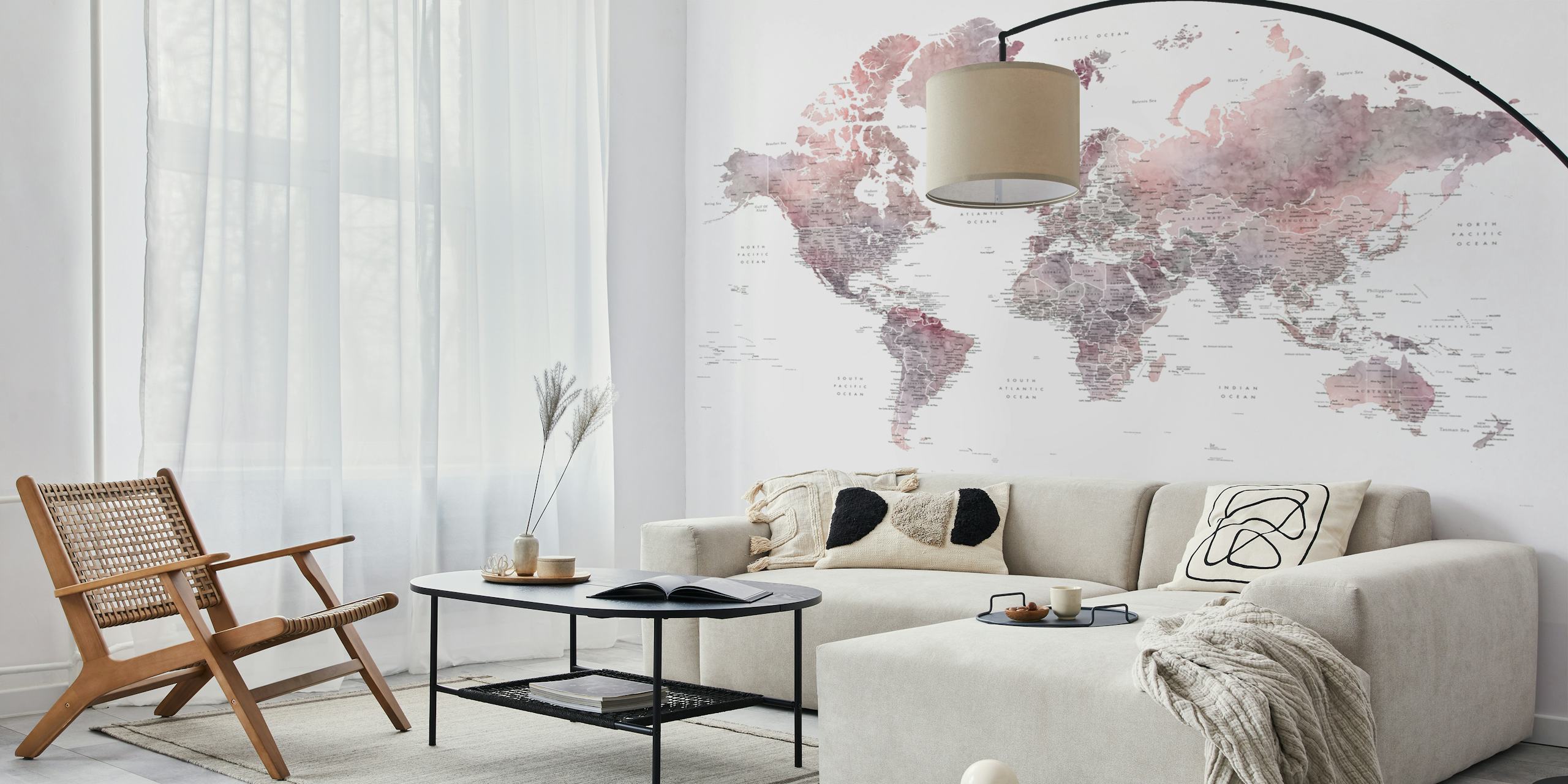World map wallpaper with pink tones