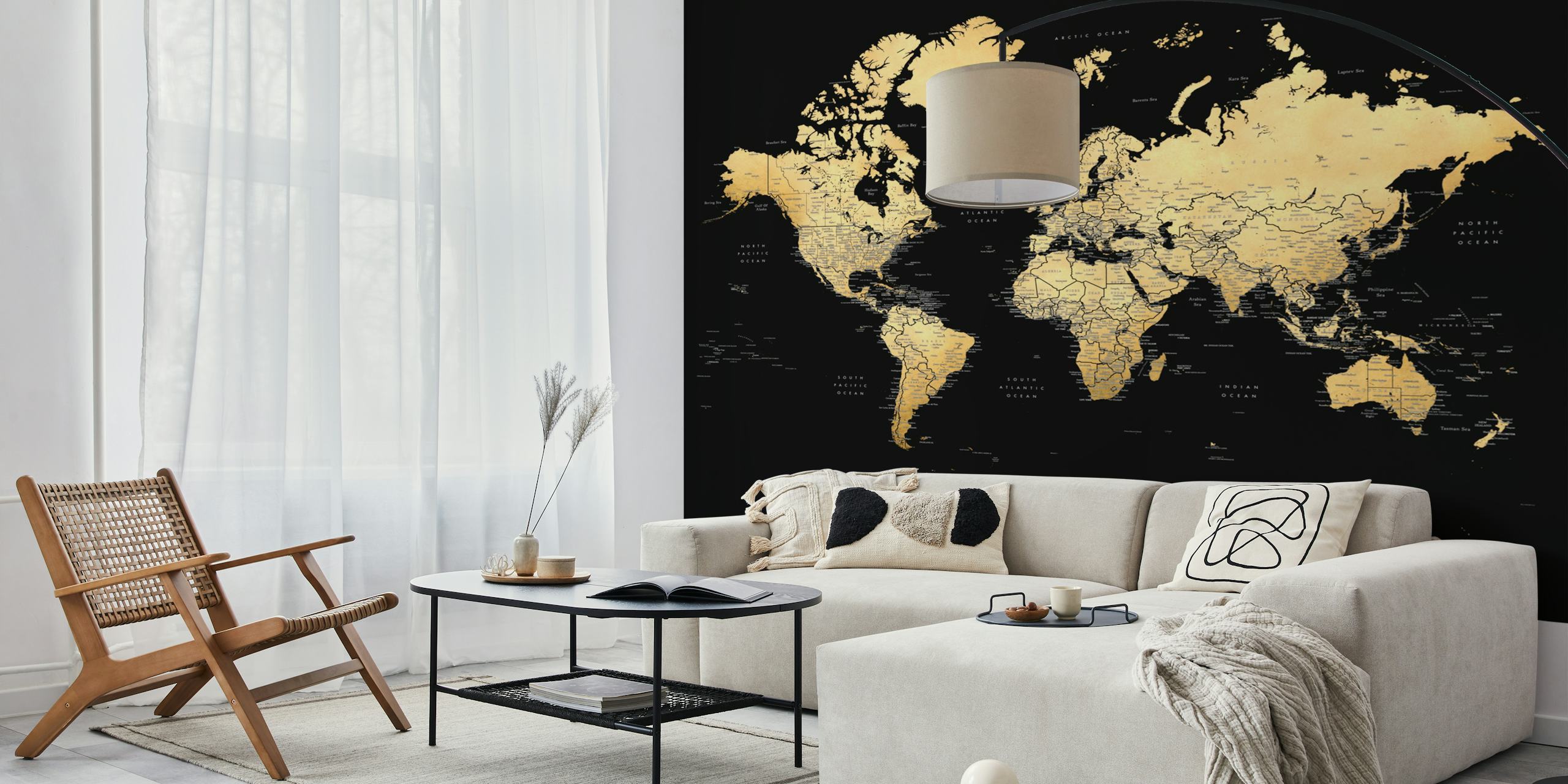 Elegant world map wall mural with Antarctica featuring gold tones on a black background