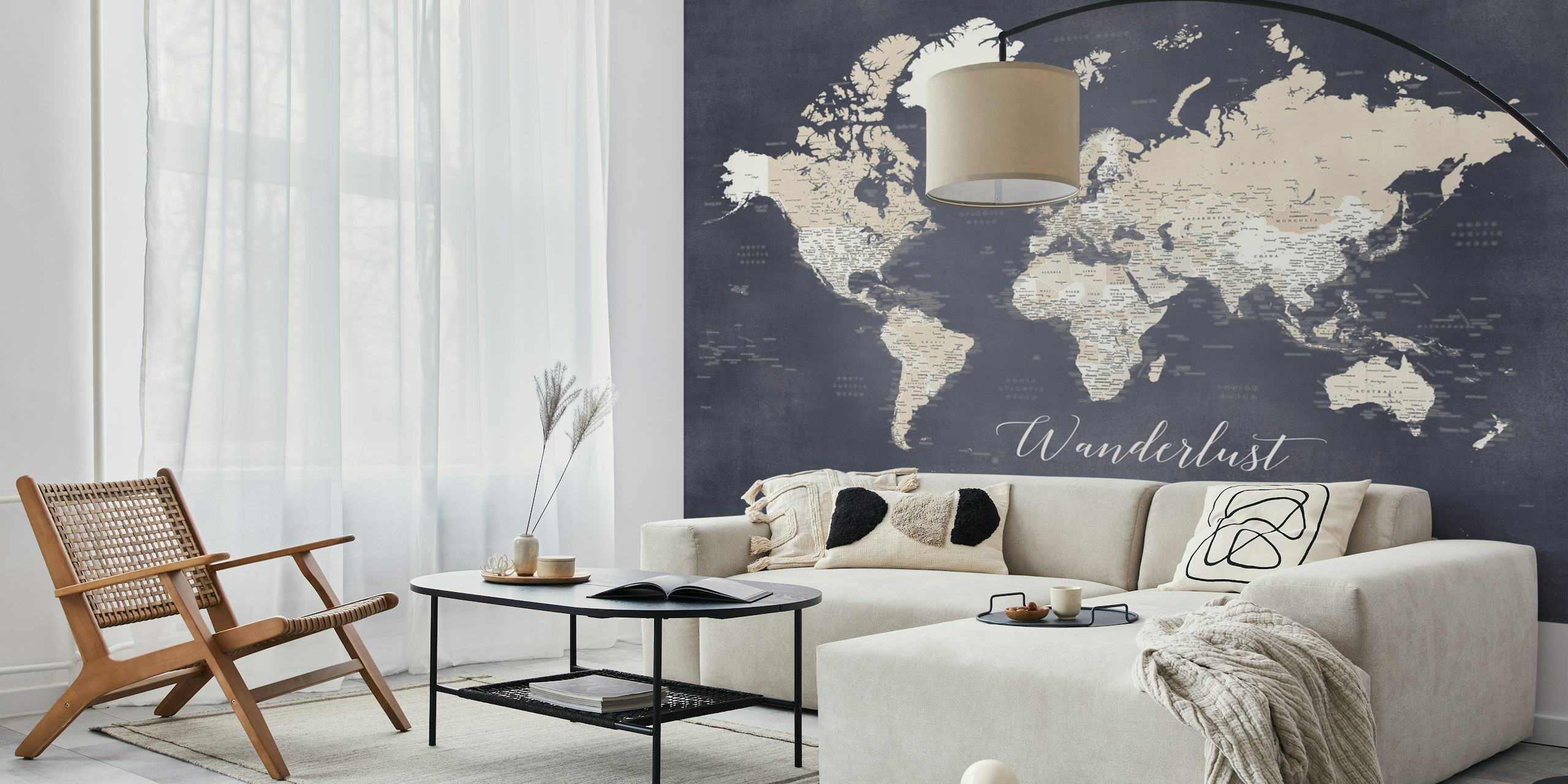 Elegant Wanderlust World Map Glyn A vægmaleri med et dæmpet farveskema og kunstnerisk skildring af kontinenterne.