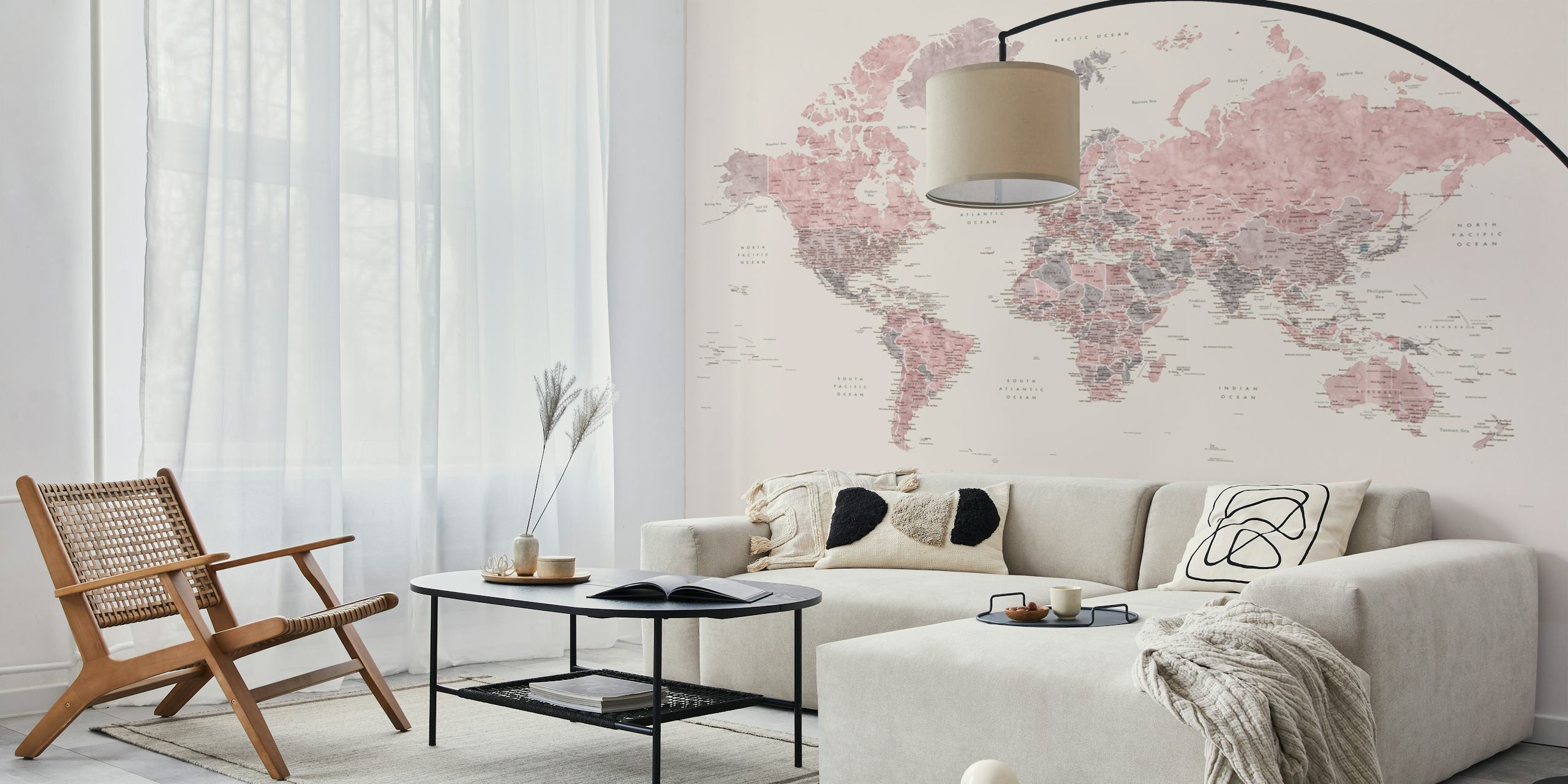 Soft pink world map with Antarctica wall mural for interior decoration