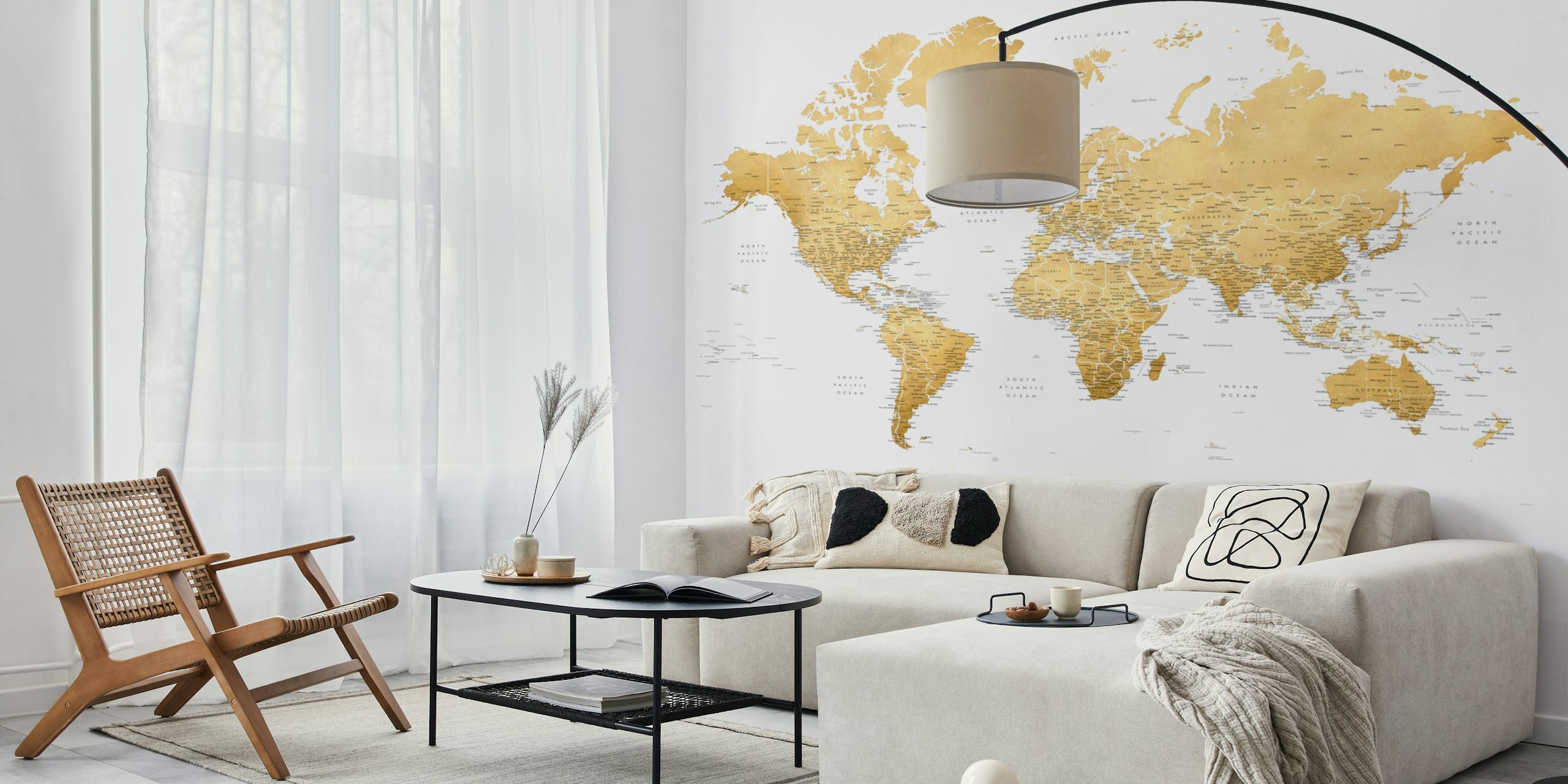 Elegant world map wall mural with golden accents focusing on Antarctica