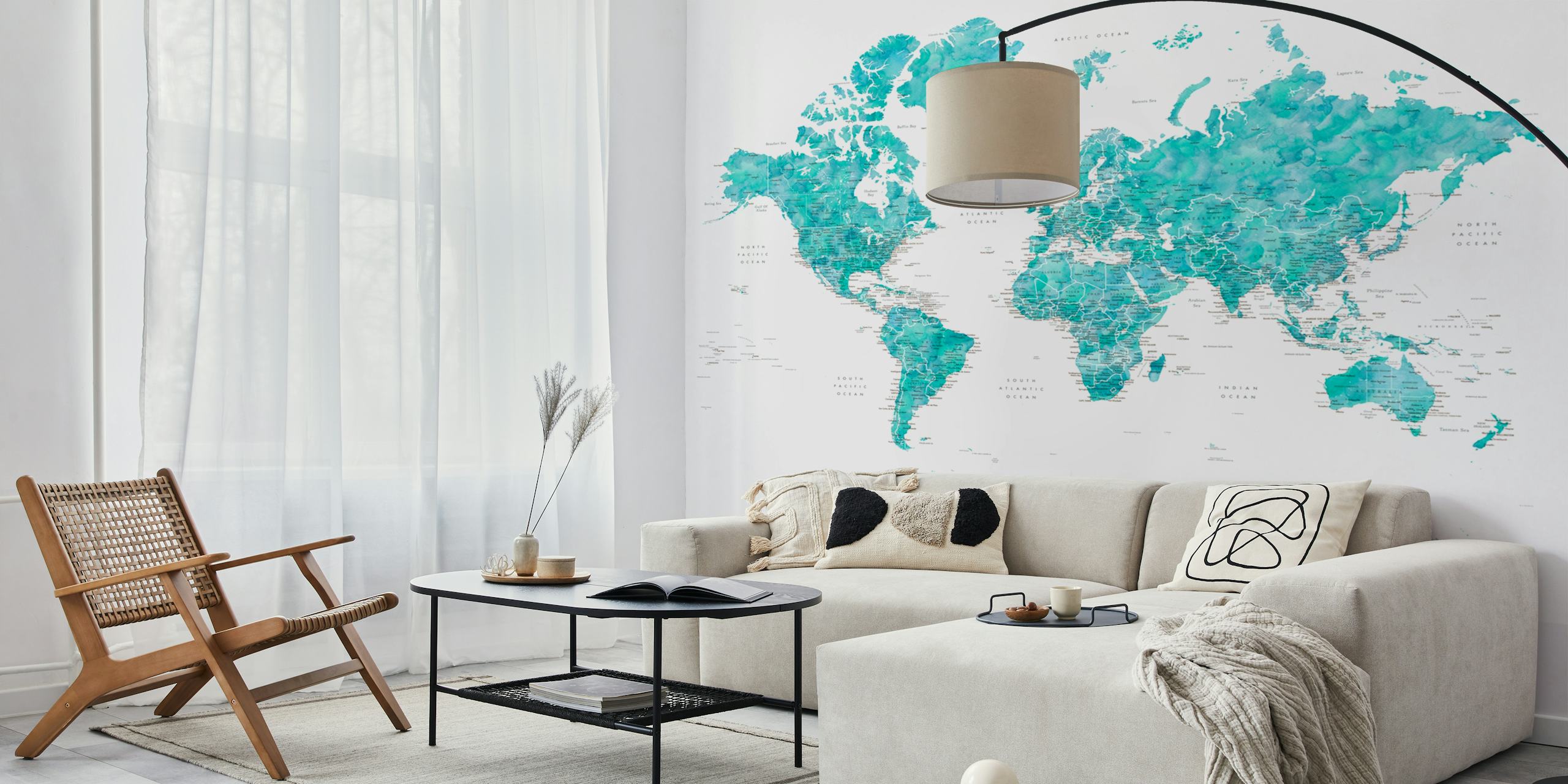 Turquoise watercolor world map wall mural with a focus on Antarctica