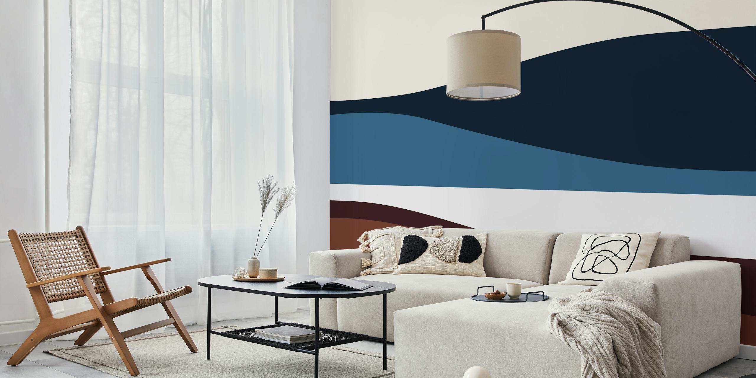 Abstract landscape wallpaper with blue, brown, and cream waves.