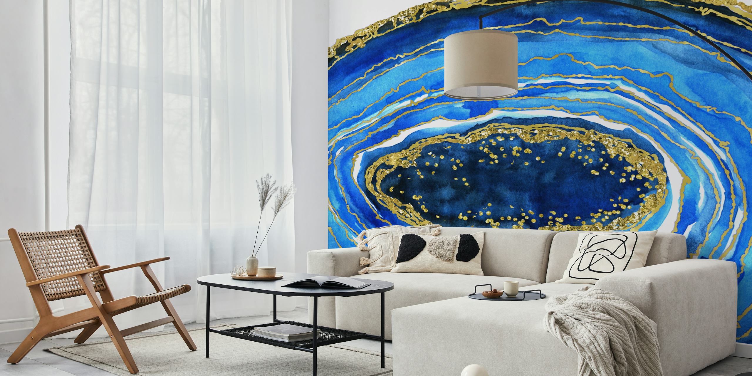 Cobalt blue and gold geode wallpaper in a room