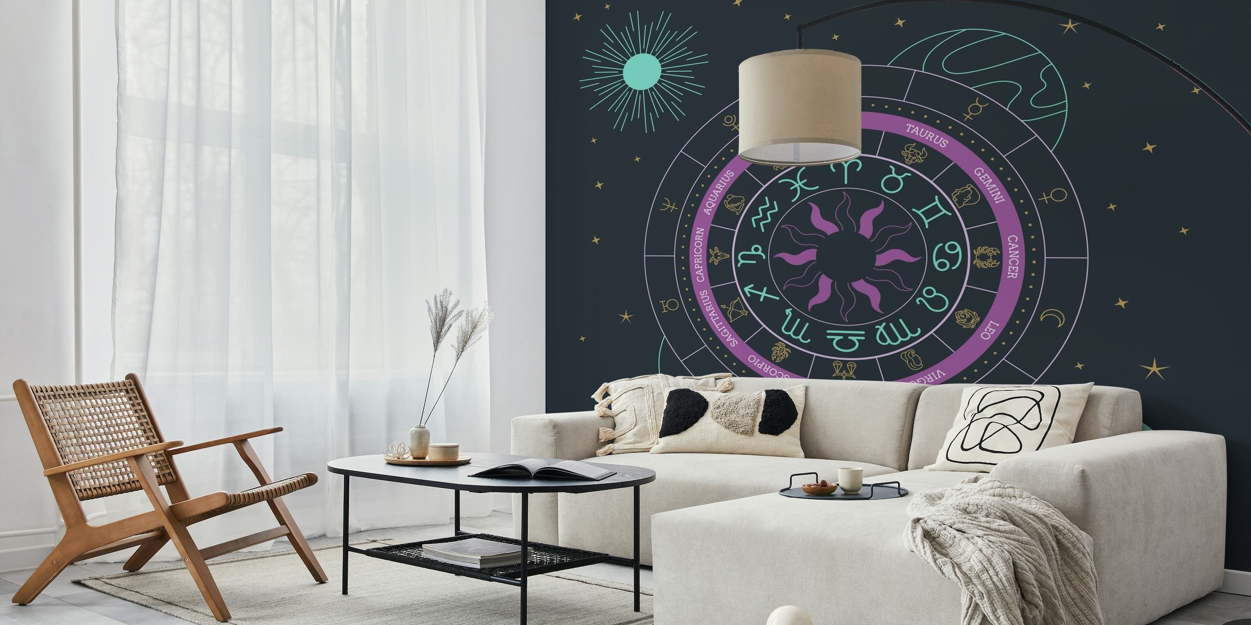 Zodiac Astrology Wheel Wall Mural displaying ancient astrology signs and modern geometric designs