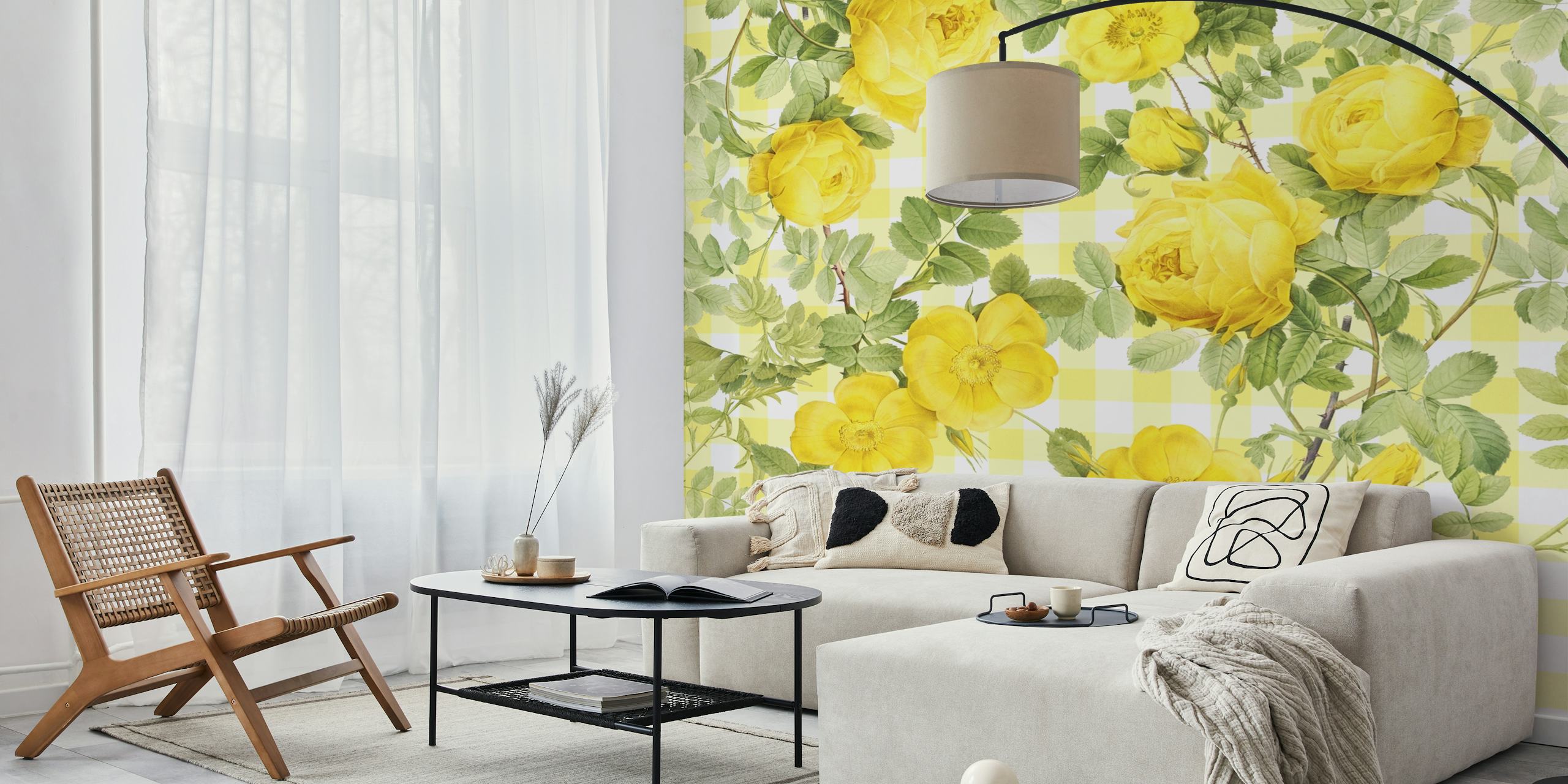 Vintage yellow roses floral pattern on checkered background wallpaper