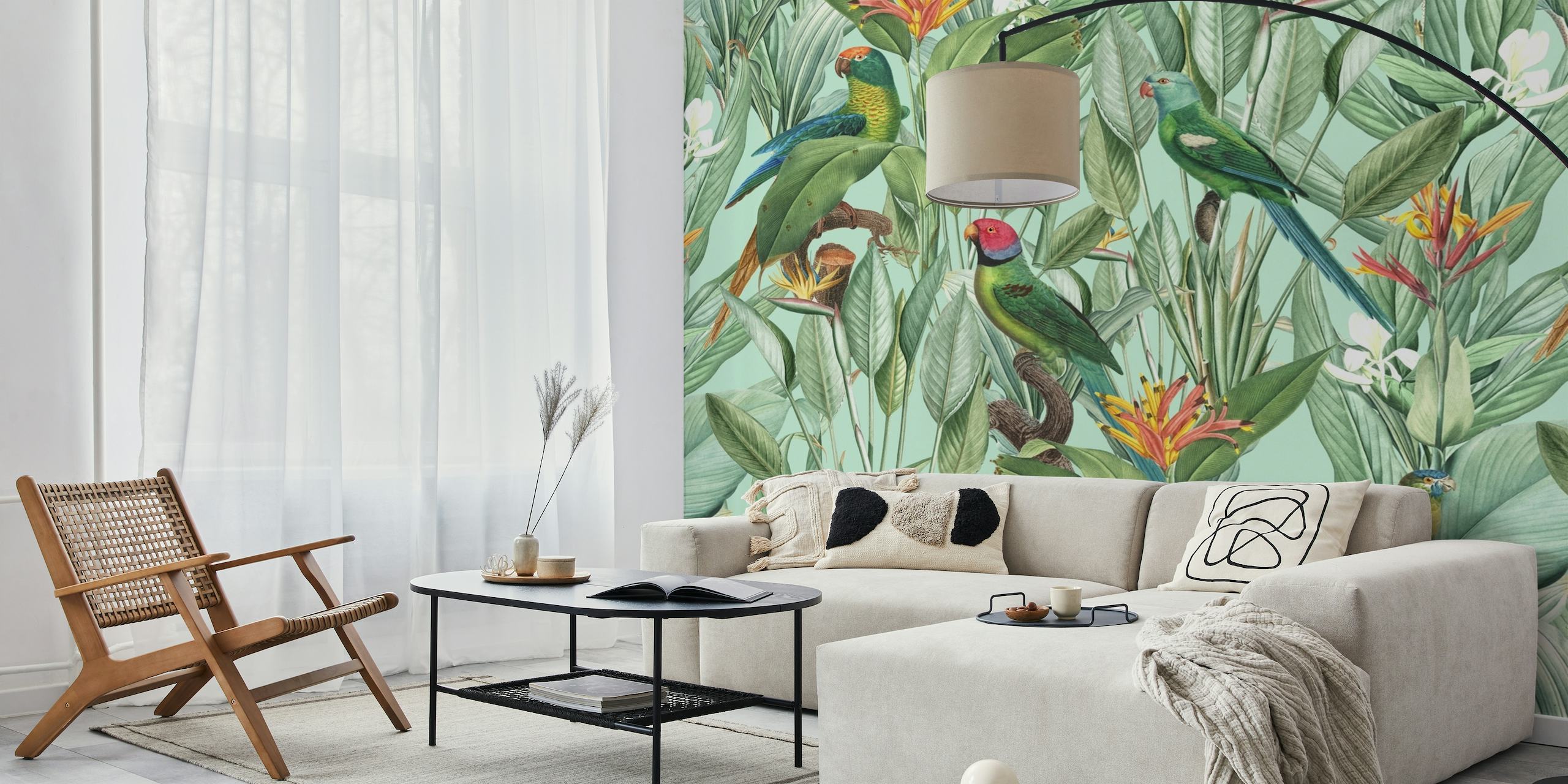 Tropical Jungle with Parrots papel pintado