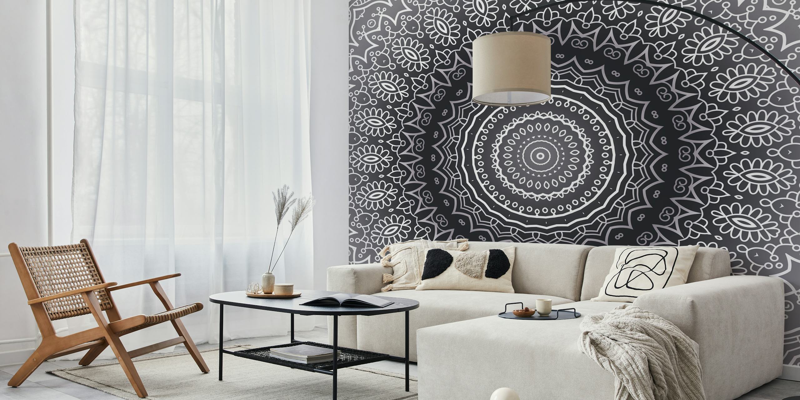 Fotomural mandala gris con motivos intrincados