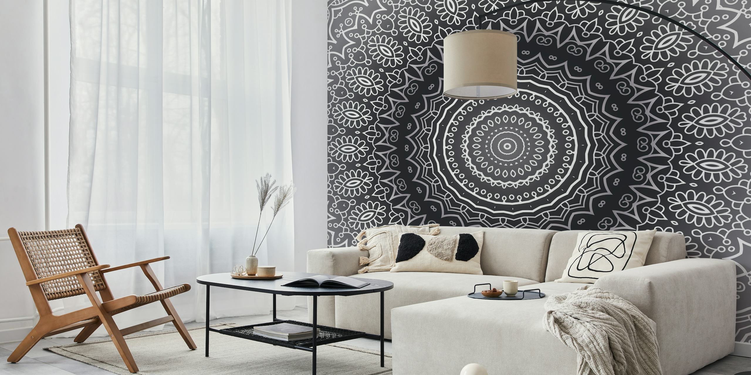 Grijze Mandala-muurschildering met ingewikkelde patronen