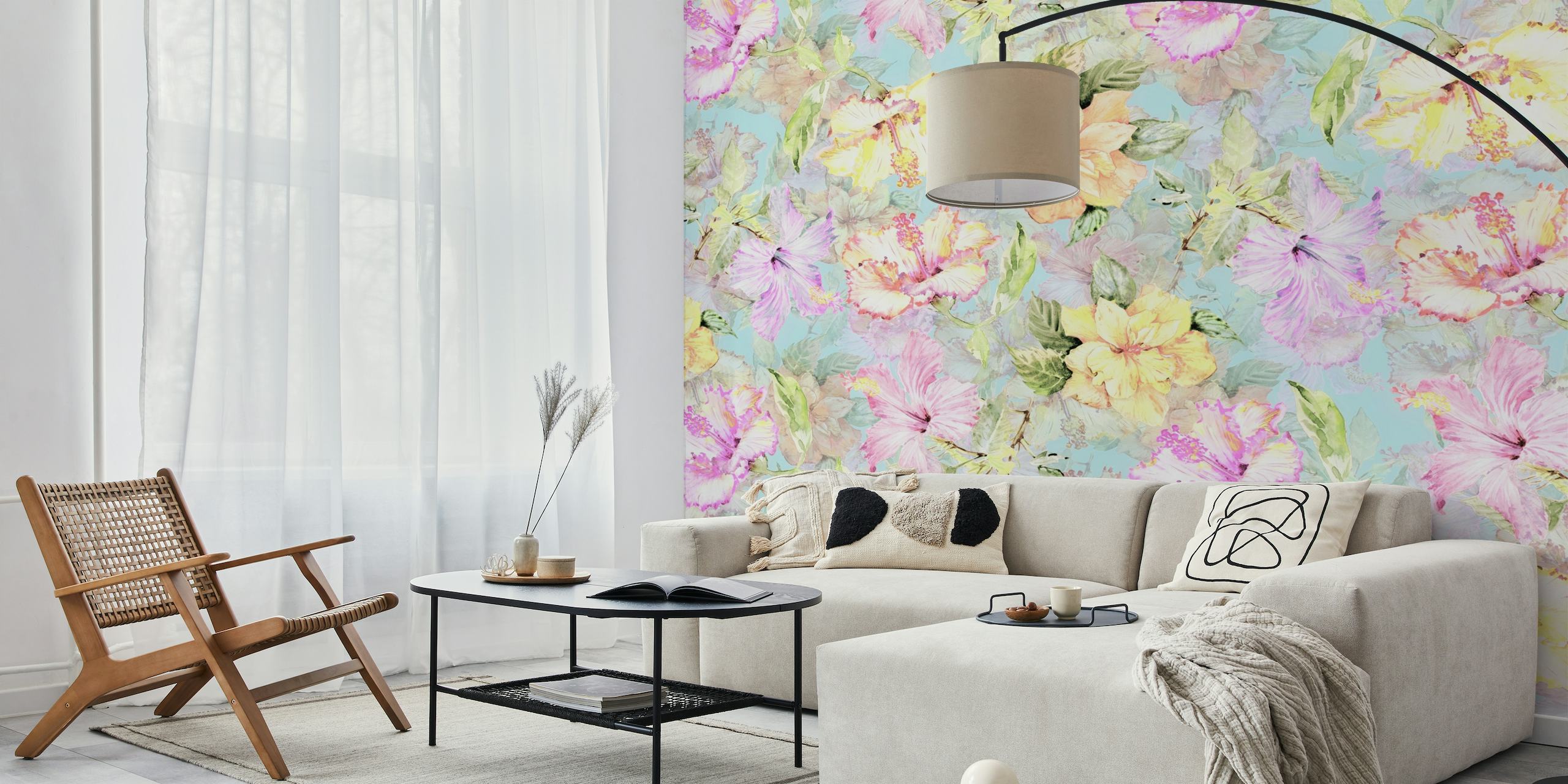 Pastelkleurige hibiscus bloempatroon muurschildering
