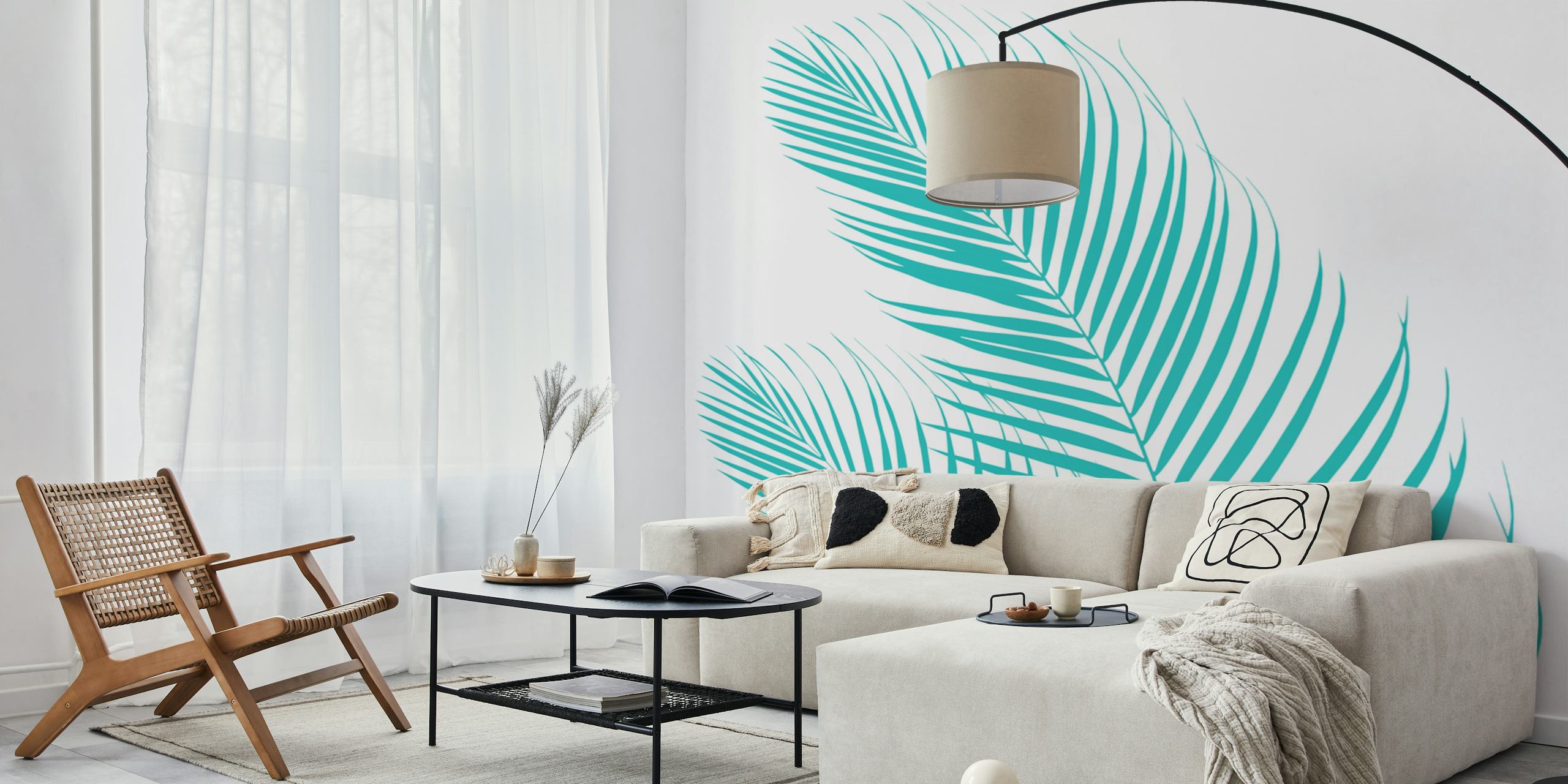 Papel de parede Palm Leaves Soft Turquoise 5 em um quarto