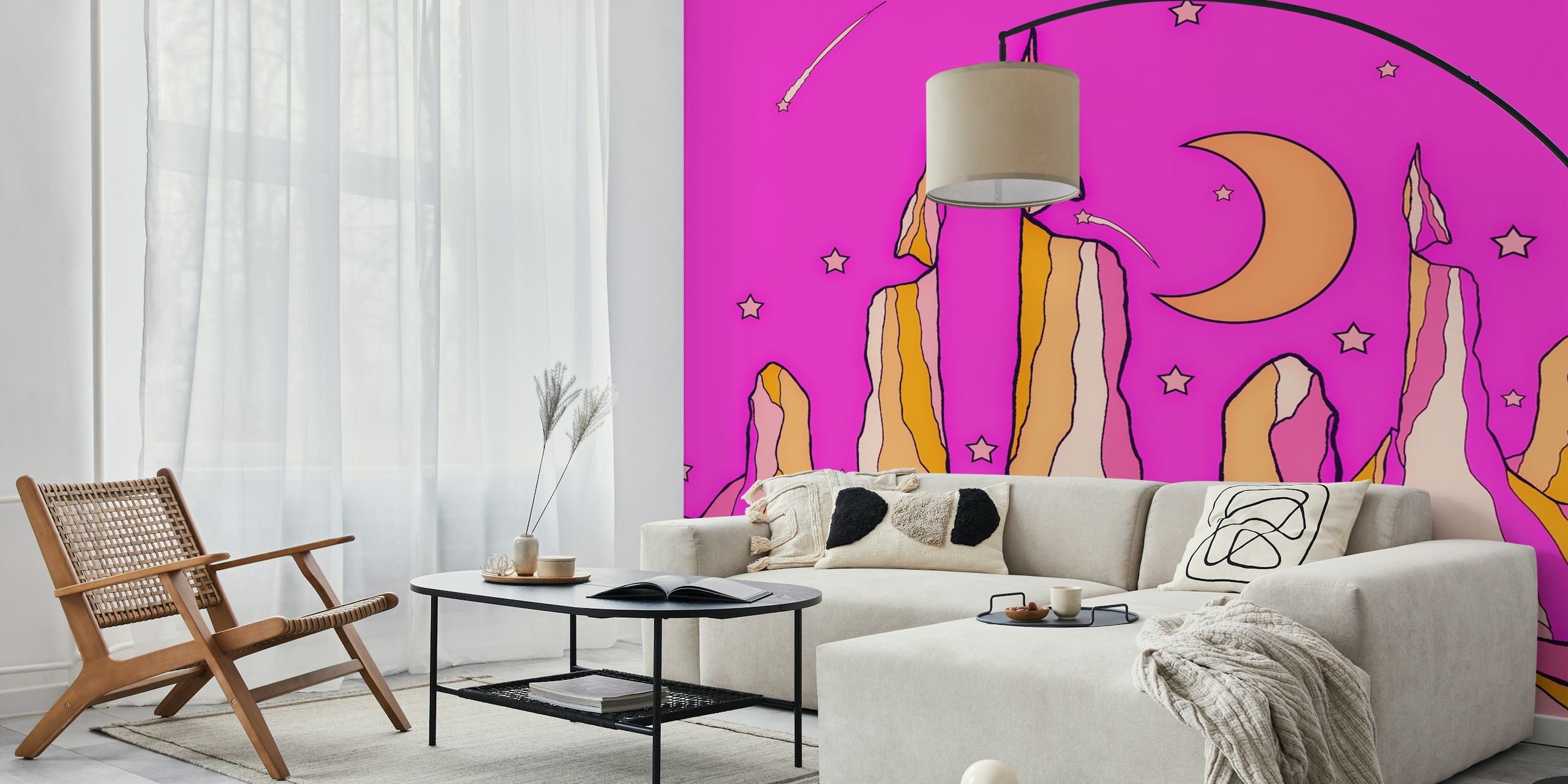 Whimsical wallpaper design of peaks and moon