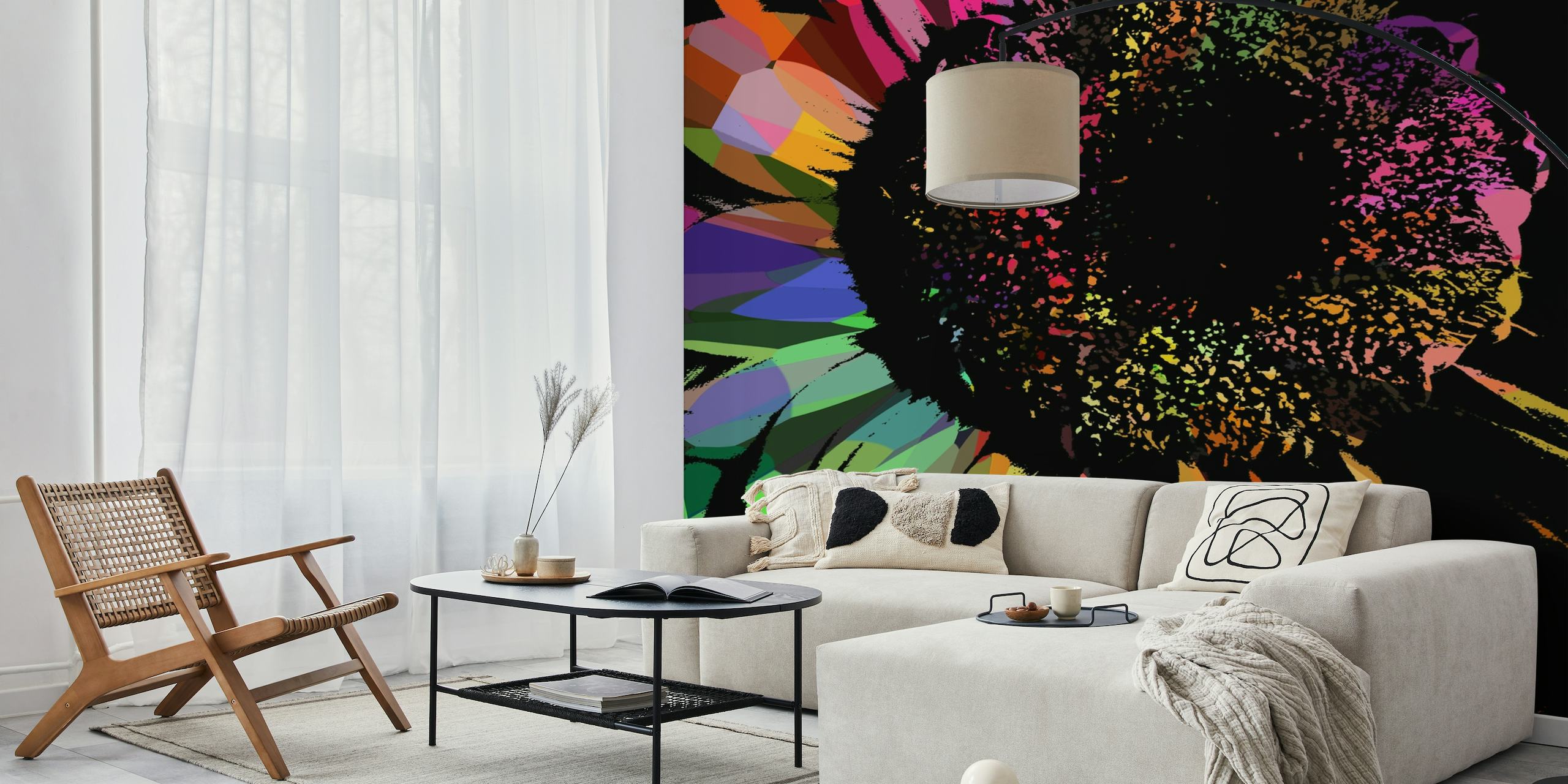 Värikäs abstrakti seinämaalaus kukkivasta kukasta dynaamisilla vedoilla