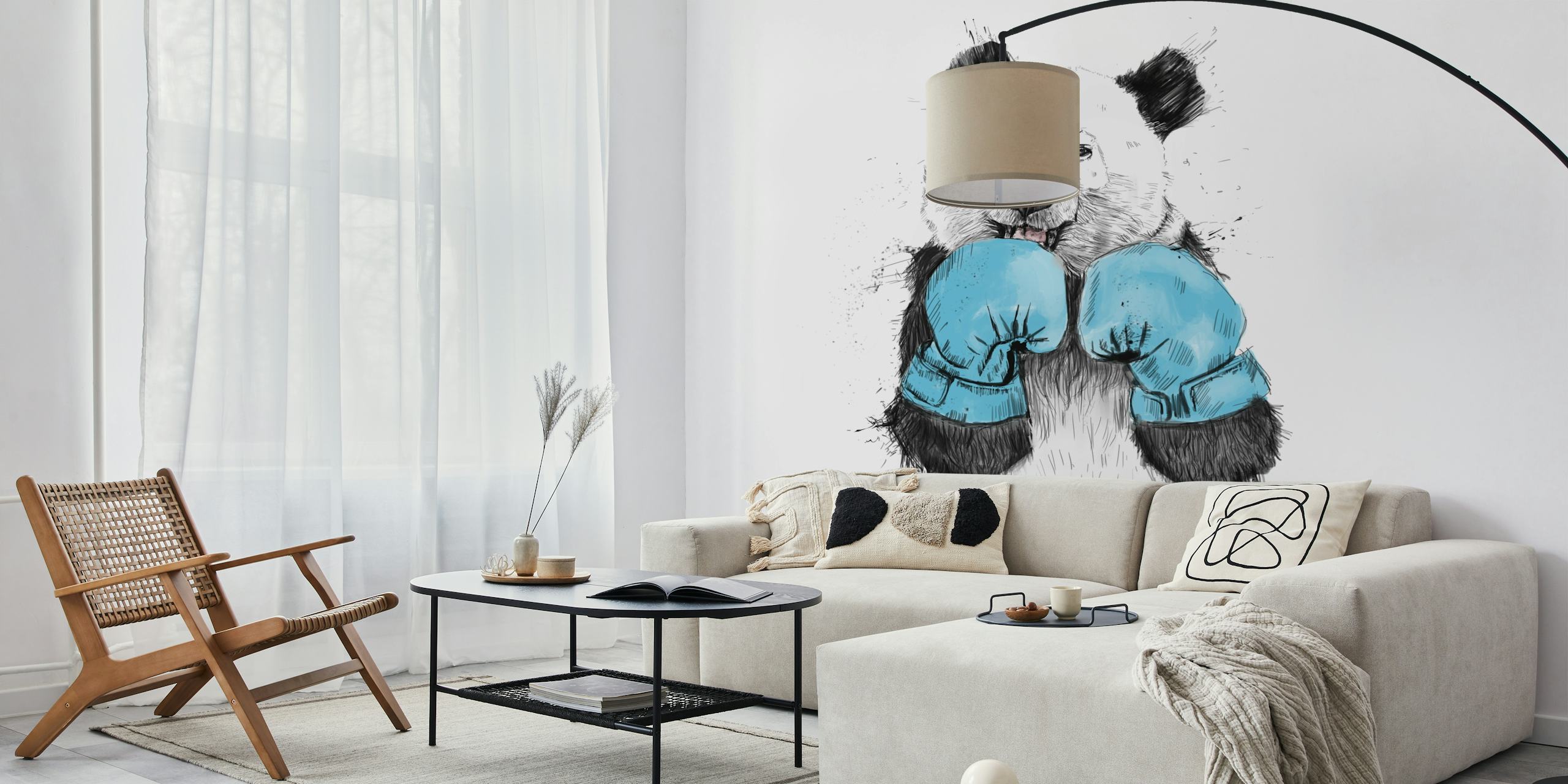 Panda wearing blue boxing gloves, cartoon style wallpaper