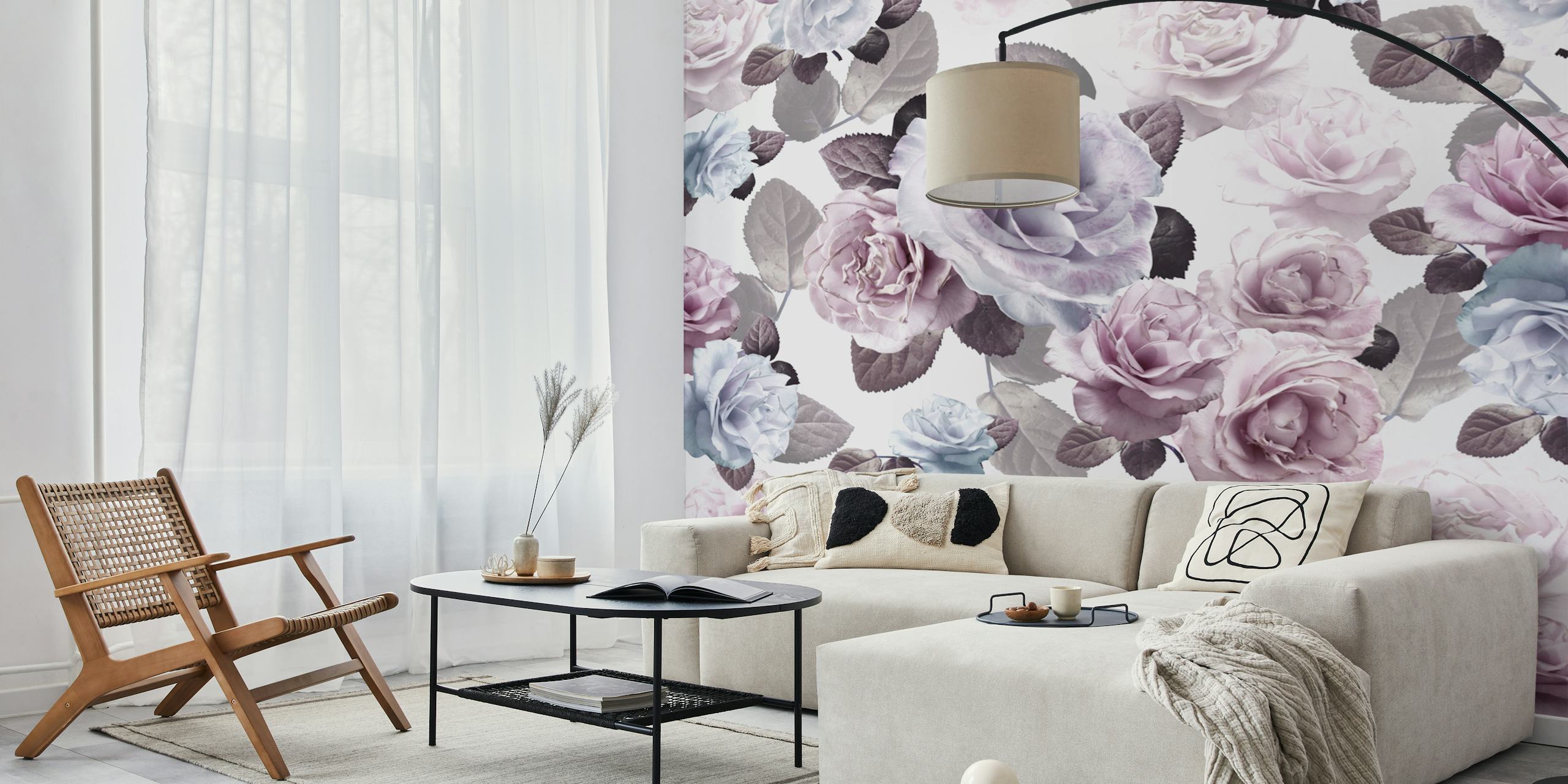 Pink and purple roses with leaves on white background wallpaper